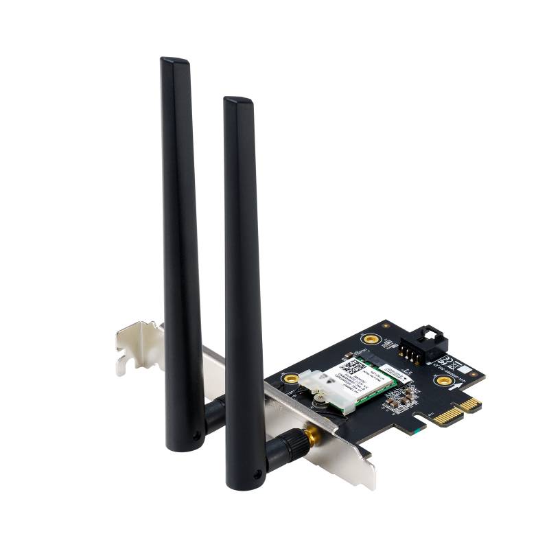 Eine schwarze WLAN-Karte mit zwei Antennen, die für drahtlose Konnektivität in einem Computer verwendet wird.