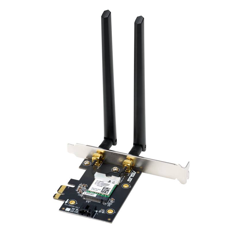 Eine PCIe-WLAN-Karte mit zwei Antennen für Desktop-PCs, geeignet für drahtlose Netzwerkverbindungen.