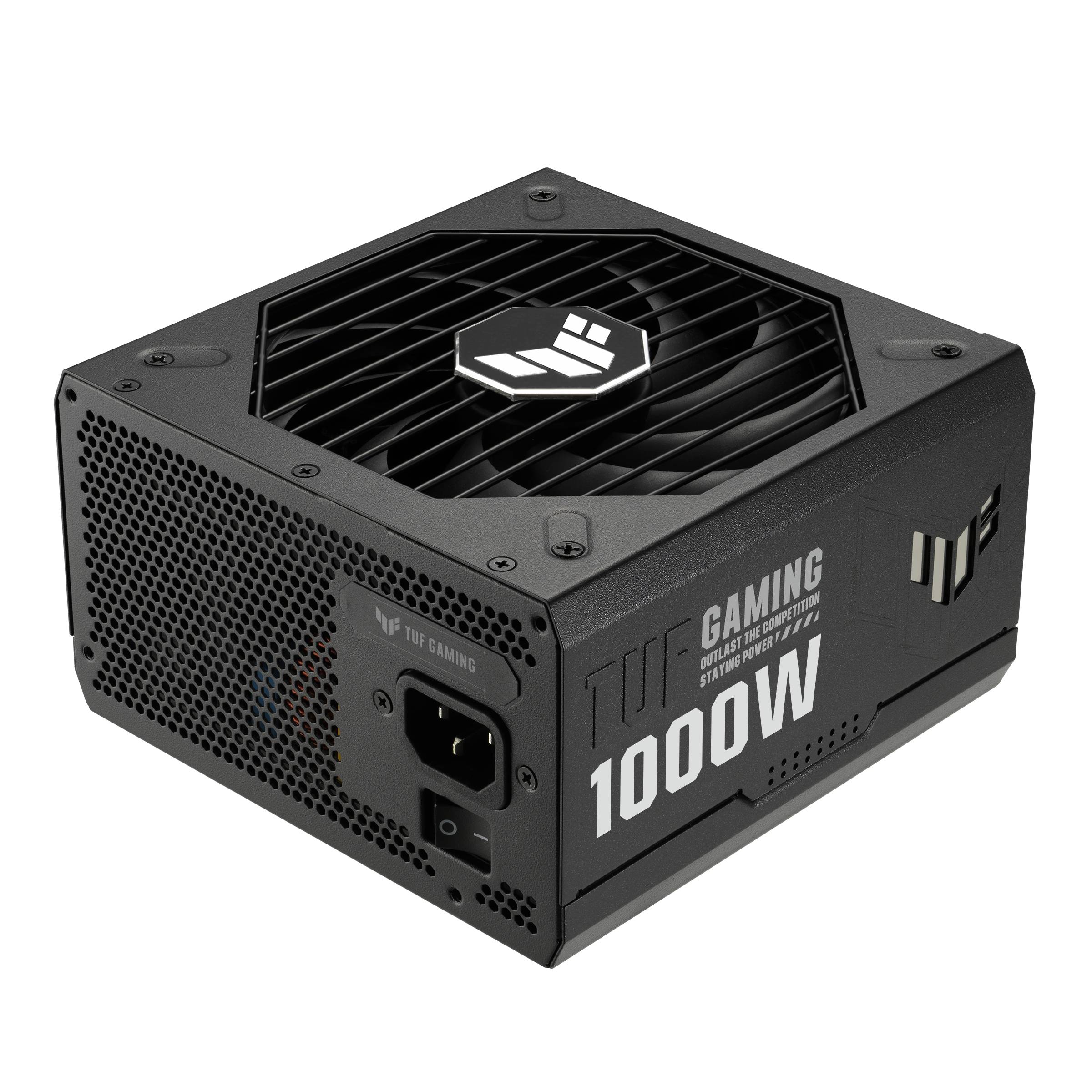 Ein schwarzes 1000W Netzteil der Marke TUF Gaming, mit Lüftergitter und Logo auf der Oberseite, für Computeranwendungen.