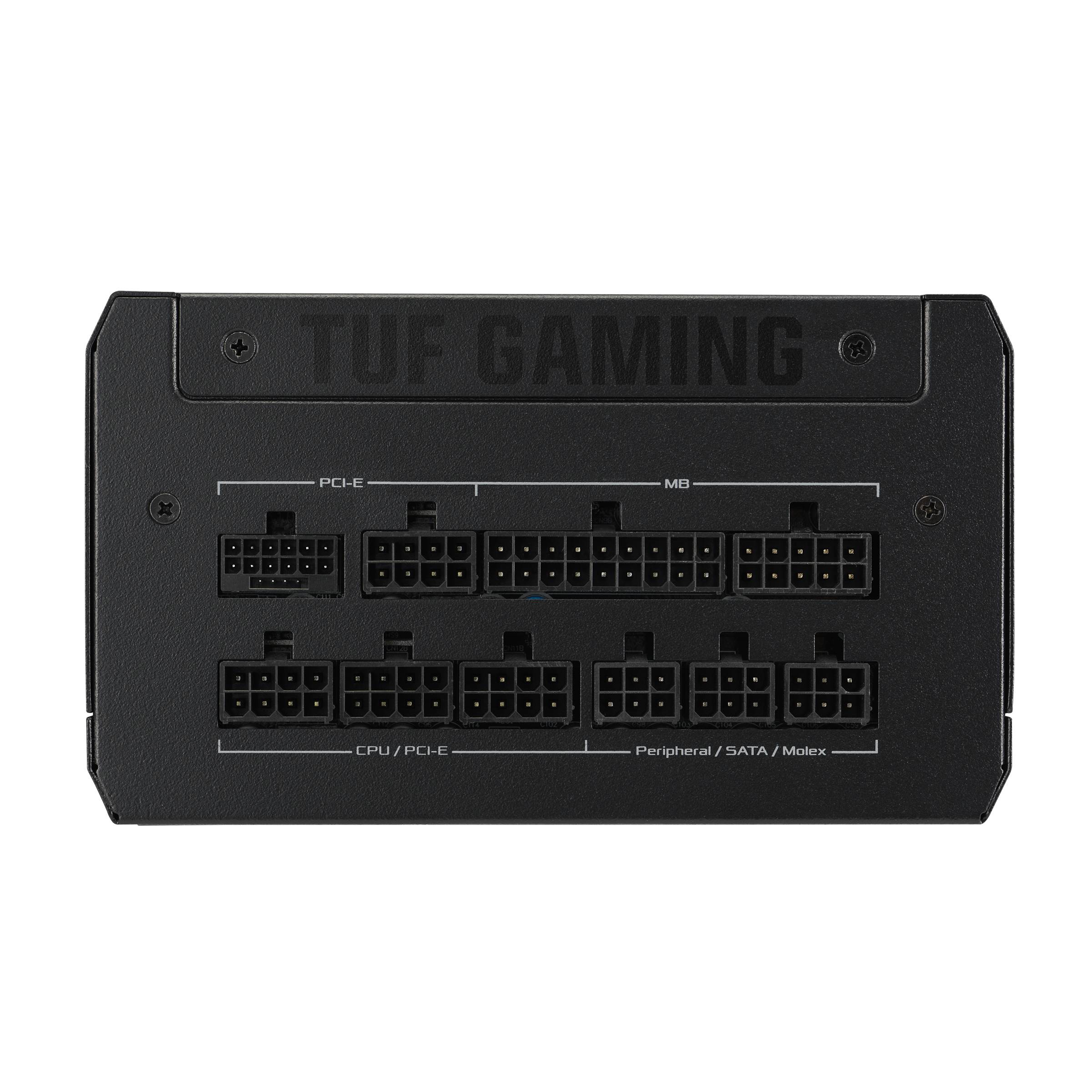 Schwarzes TUF Gaming Netzteil von ASUS mit modularen Kabelanschlüssen für PCI-E, Mainboard, CPU, SATA und Molex.