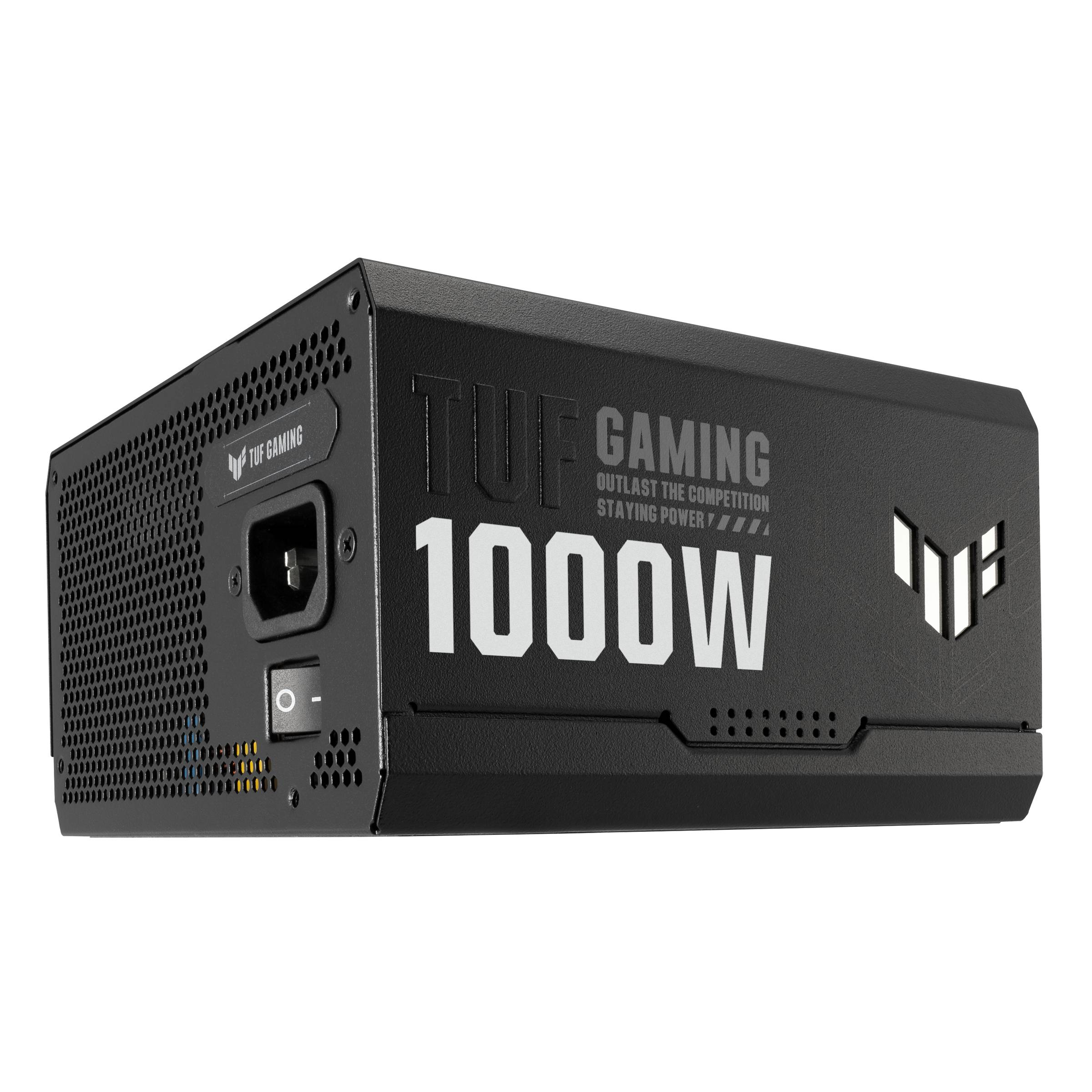 Schwarzes PC-Netzteil 'TUF Gaming', 1000W Leistung, robustes Design mit Lüftungsschlitzen, geeignet für leistungsstarke Gaming-PCs.