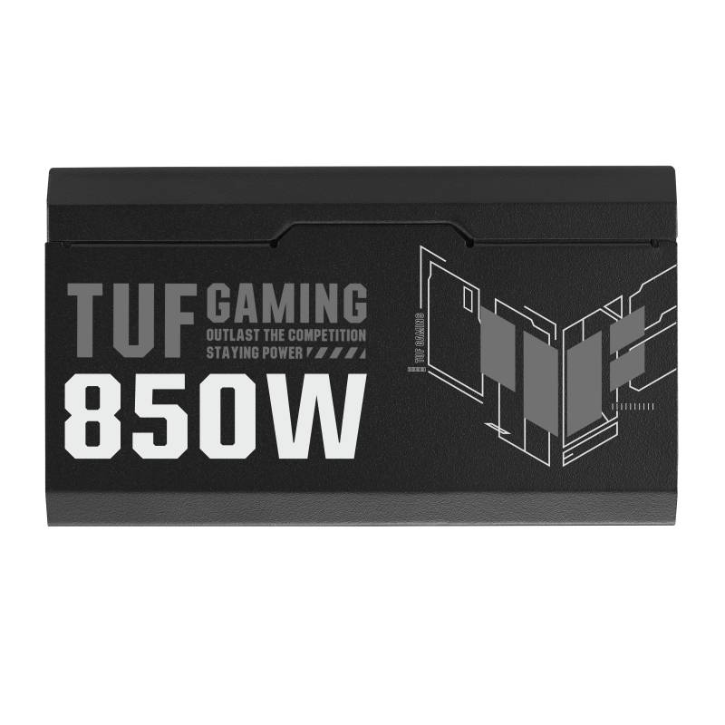 Schwarzes Netzteil mit Aufschrift 'TUF Gaming 850W'. Darunter der Text 'Outlast the Competition. Staying Power'.