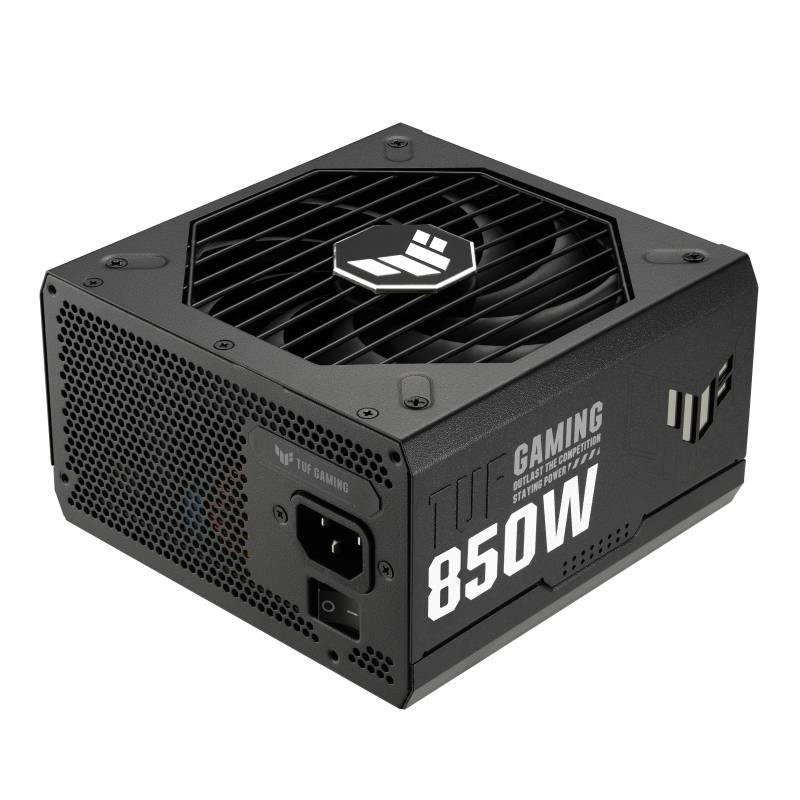 Schwarzes 850-Watt-Netzteil für Gaming-PCs mit auffälligem Markenlogo und mehreren Lüftungsöffnungen zur Kühlung.