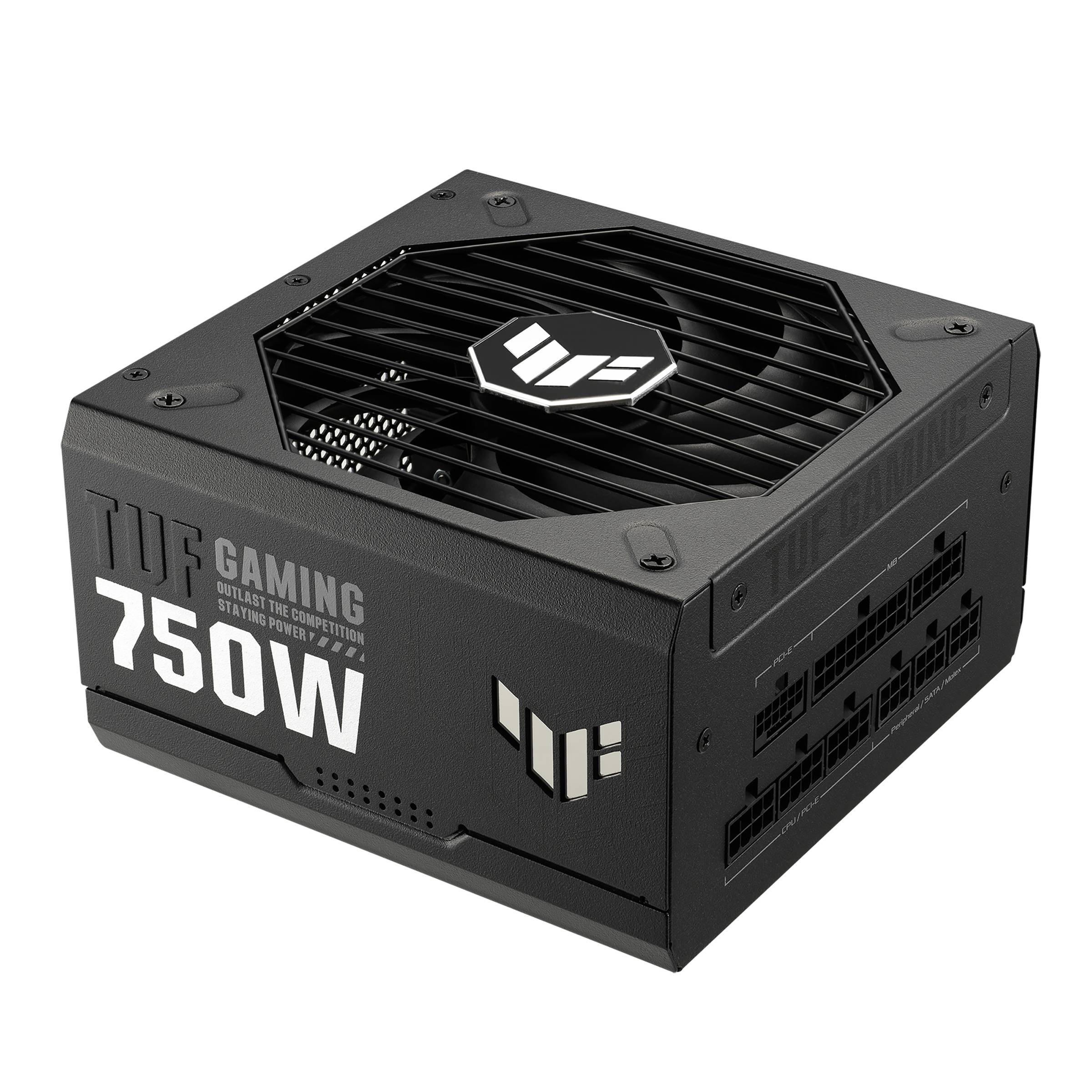 Schwarzes Netzteil mit der Aufschrift 'TUF Gaming 750W'. Es gehört zur TUF Gaming Serie und hat modulare Anschlüsse auf der rechten Seite.