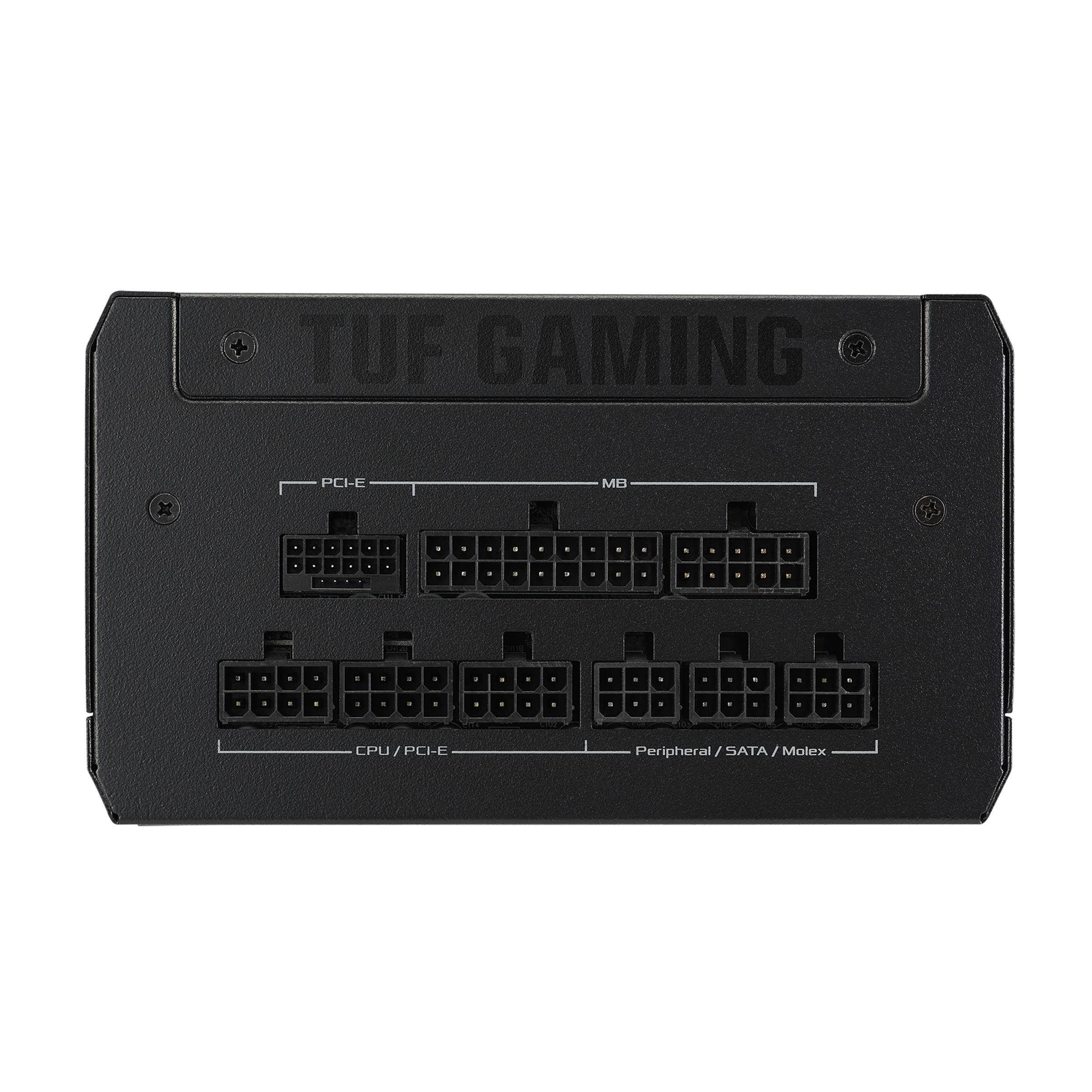 Rückansicht eines TUF Gaming Netzteils mit mehreren Steckplätzen für PCIE, MB, CPU, SATA und Molex Anschlüsse.