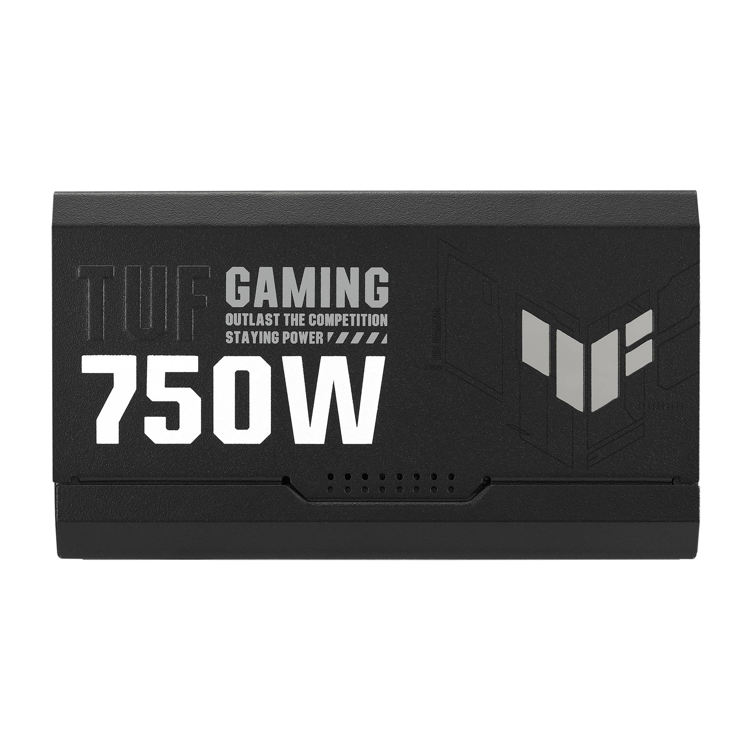 Schwarzes Netzteil mit der Aufschrift TUF Gaming 750W. Es zeigt ein minimalistisches Design, geeignet für Gaming-PCs.