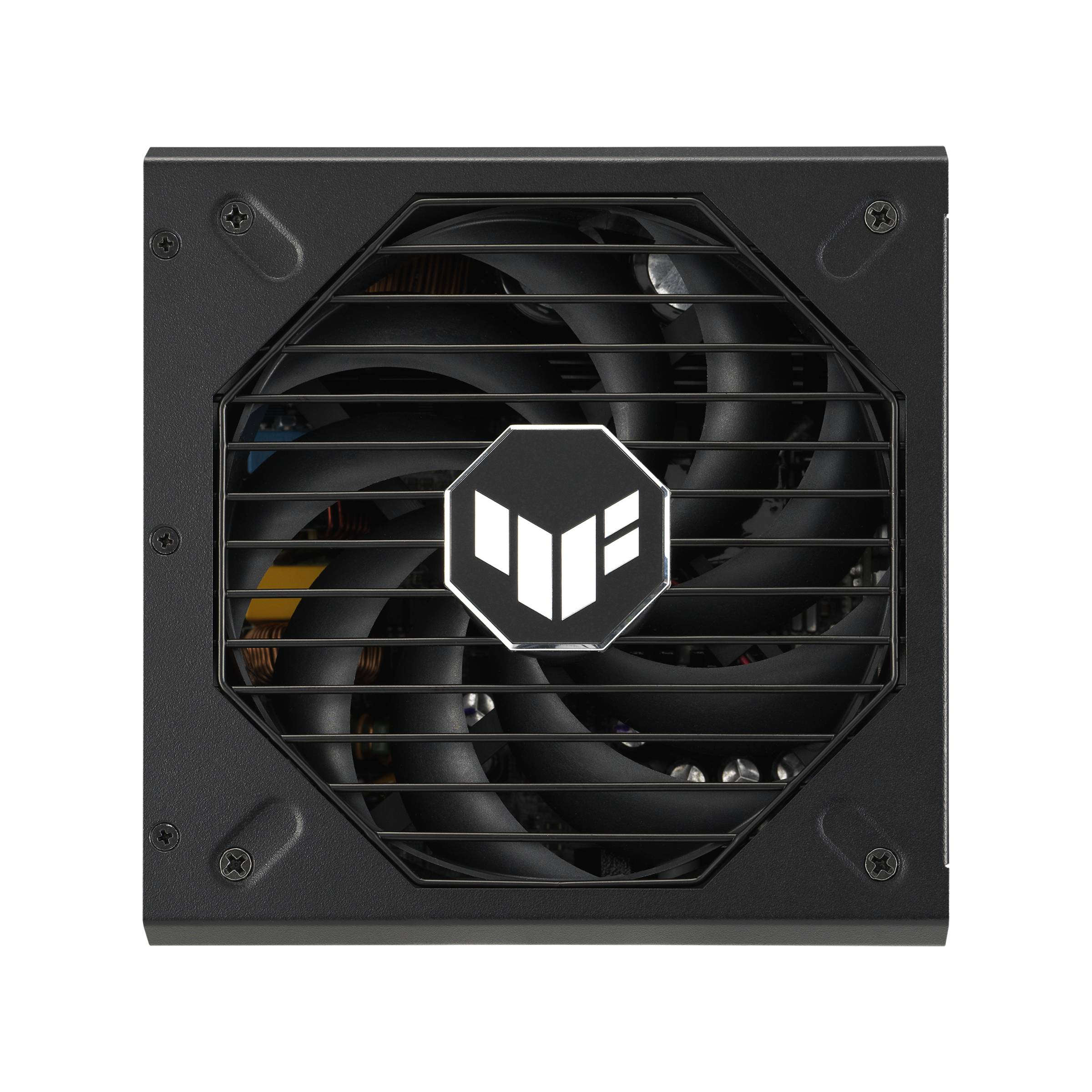 Netzteil für Computer mit schwarzem Gehäuse und Lüfter; TUF Gaming-Logo in der Mitte.