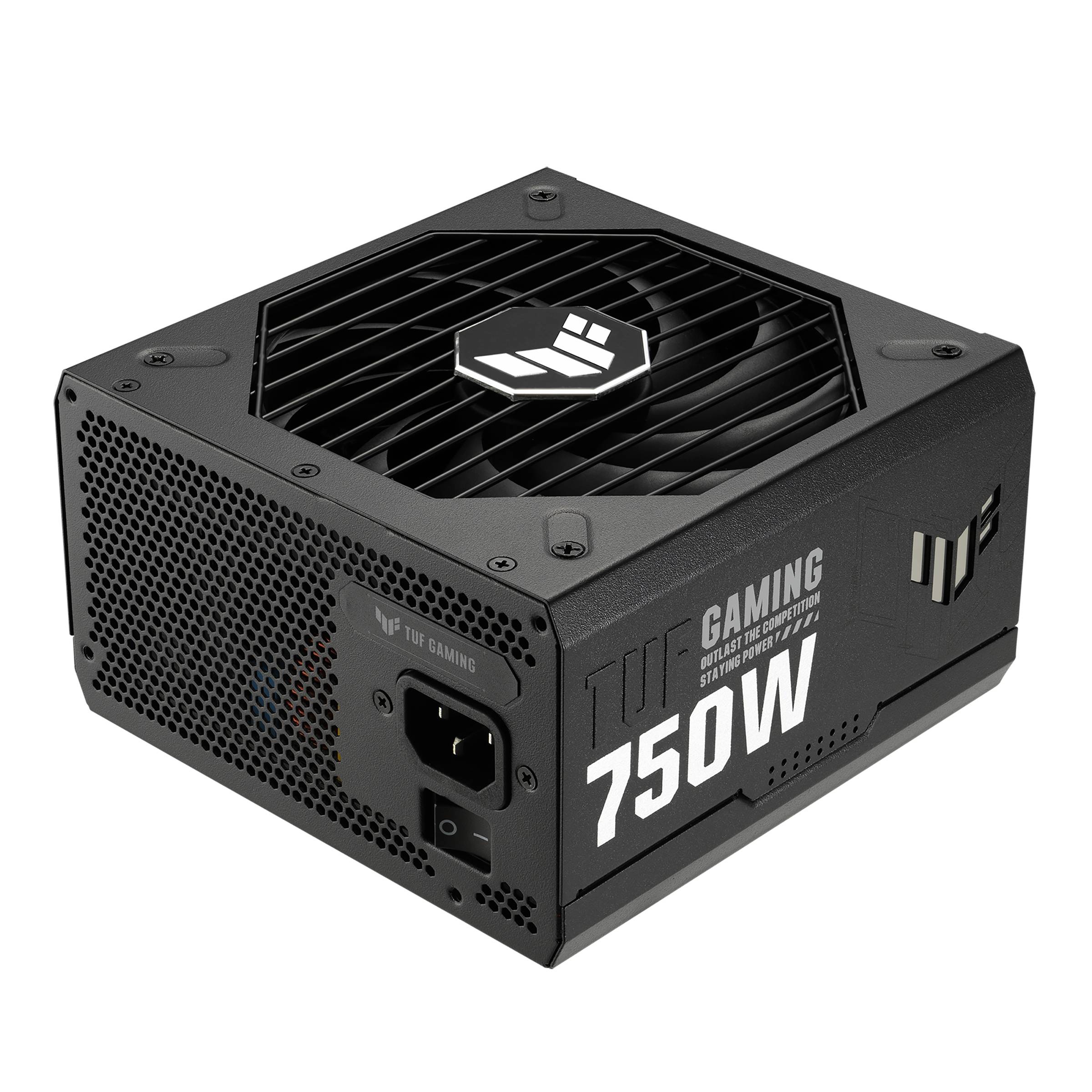 Schwarzes Gaming-Netzteil mit der Aufschrift 'TUF Gaming 750W'. Lüftergitter oben, Markenlogo sichtbar.