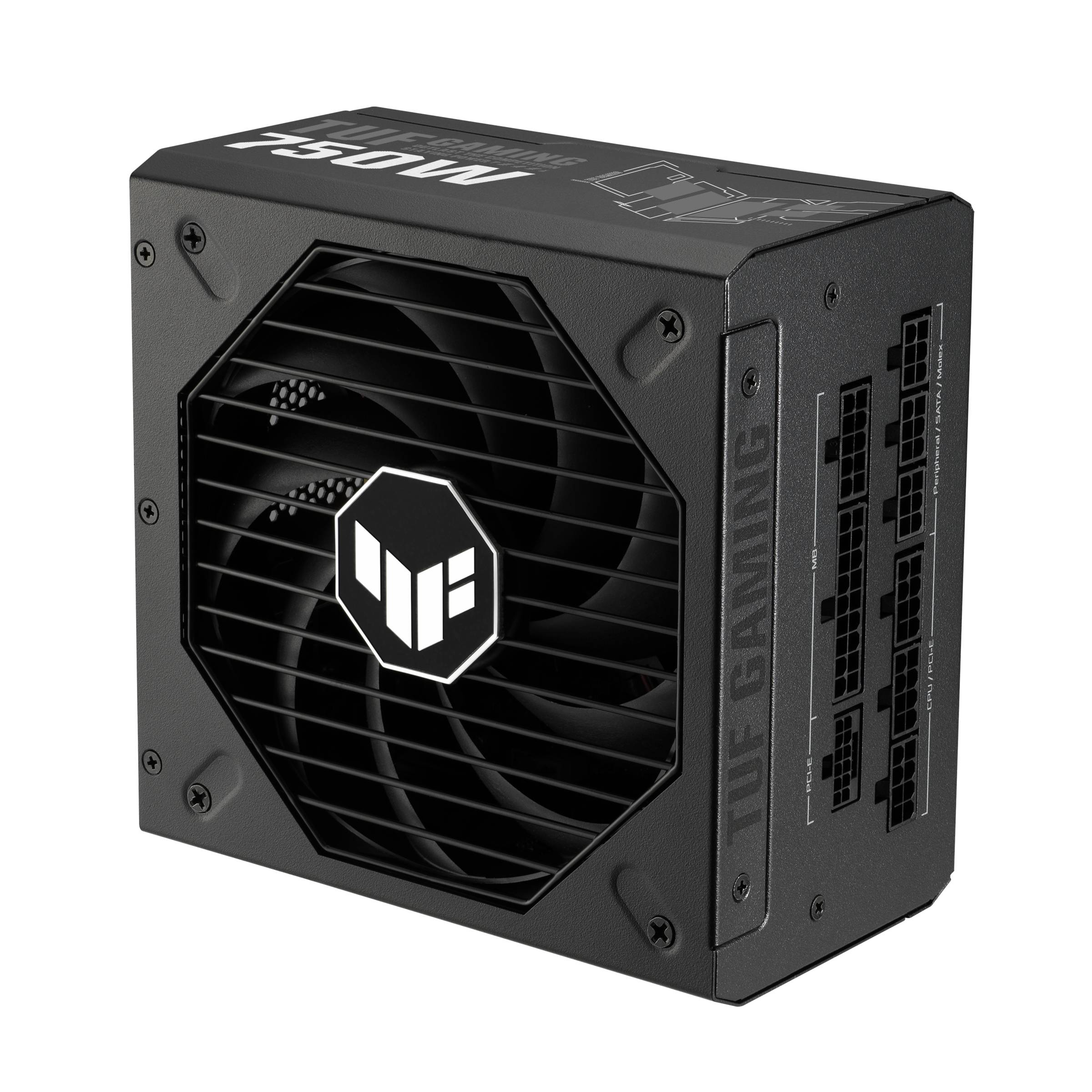 'Schwarzes TUF Gaming PC-Netzteil' mit Lüfter auf der Vorderseite und mehreren modularen Anschlüssen auf der rechten Seite.