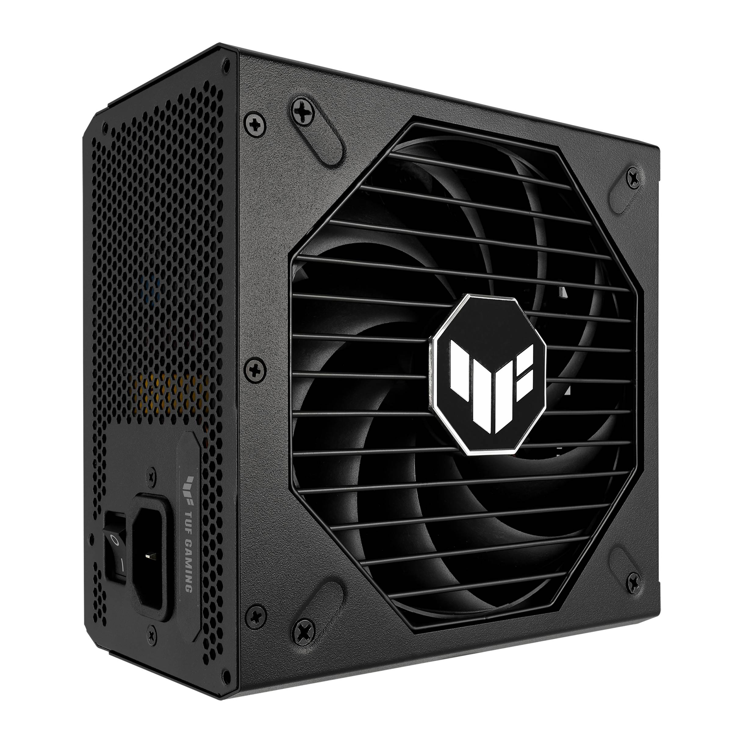 Ein schwarzes Computer-Netzteil mit Lüftergitter in Nahaufnahme. Markenlogo auf dem Lüfter. Ideal für Gaming-PCs.