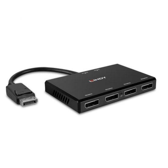 Schwarze DisplayPort-zu-HDMI-Splitterbox mit vier HDMI-Ausgängen, geeignet für gleichzeitige Videoausgabe an mehrere Bildschirme.