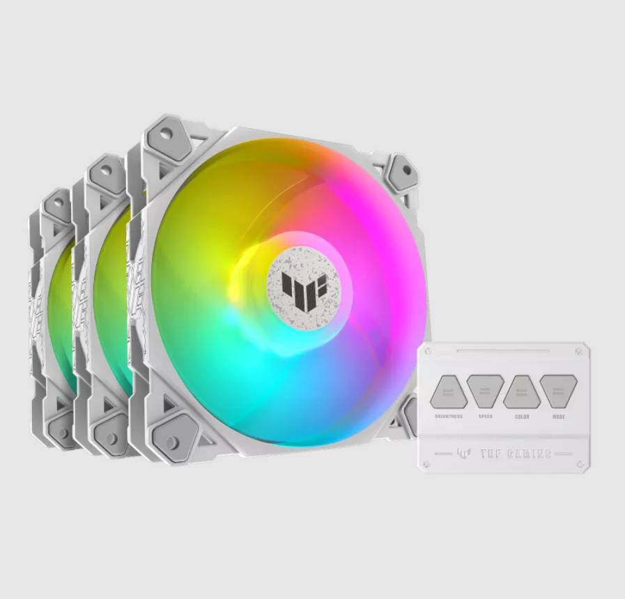 Drei weiße LED-Lüfter mit Regenbogeneffekt. Rechts daneben ein Steuerpult mit vier Tasten: 'Modi', 'Leuchten', 'Geschwindigkeit', 'Aus'.