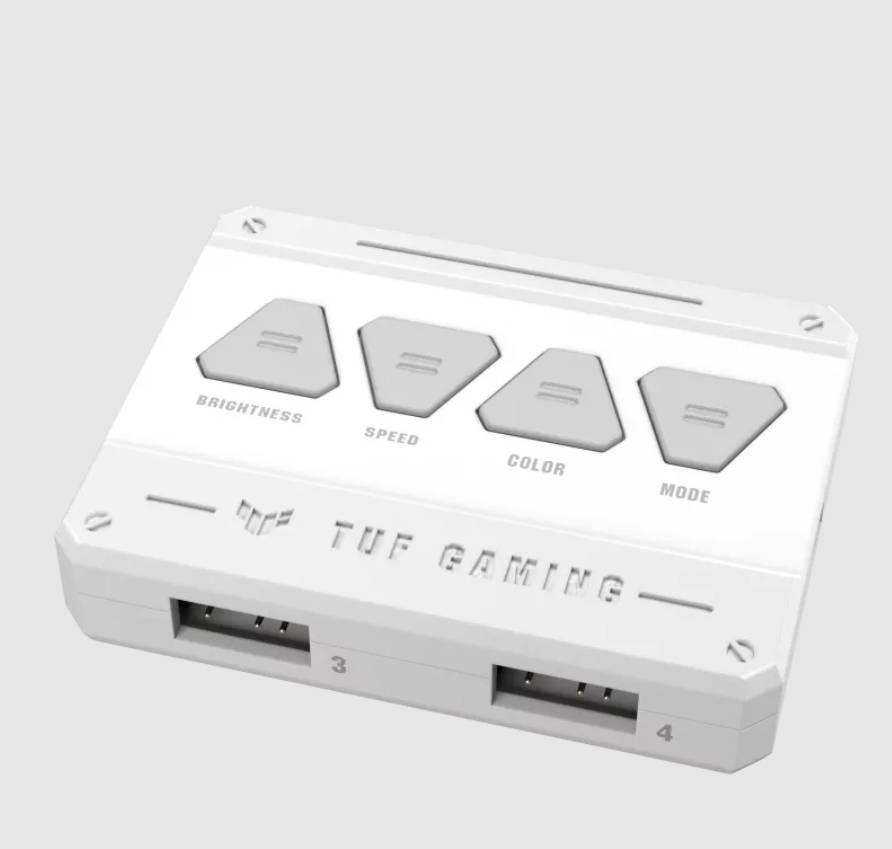 Steuergerät für Gaming-Beleuchtung, weiß, mit vier Tasten: 'Brightness', 'Speed', 'Color', 'Mode' und zwei USB-Ports unten.