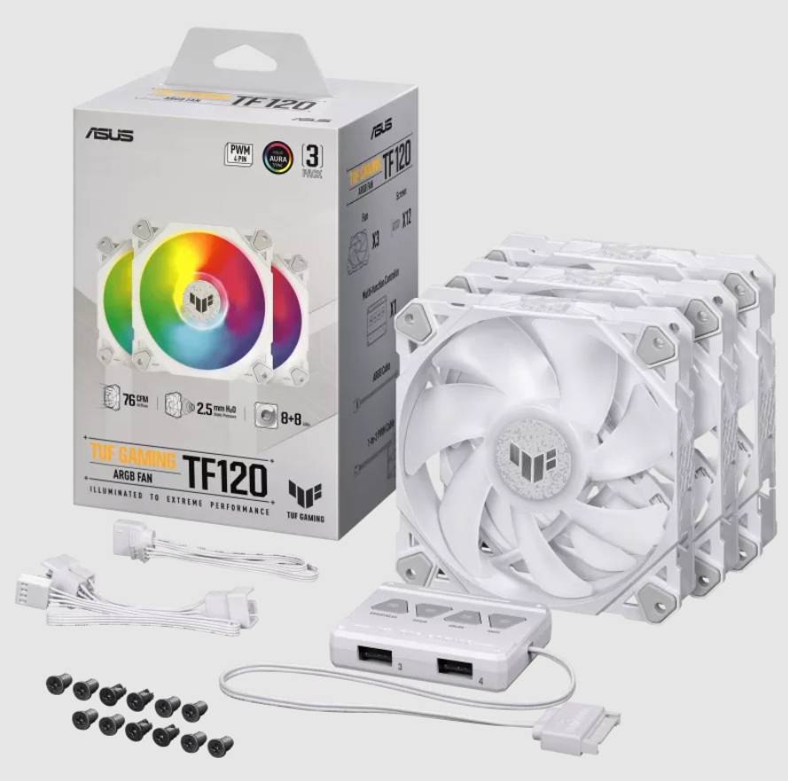 Drei weiße Computerlüfter mit RGB-Beleuchtung von ASUS TUF Gaming, Modell TF120. Verpackung und Befestigungsteile sind sichtbar.