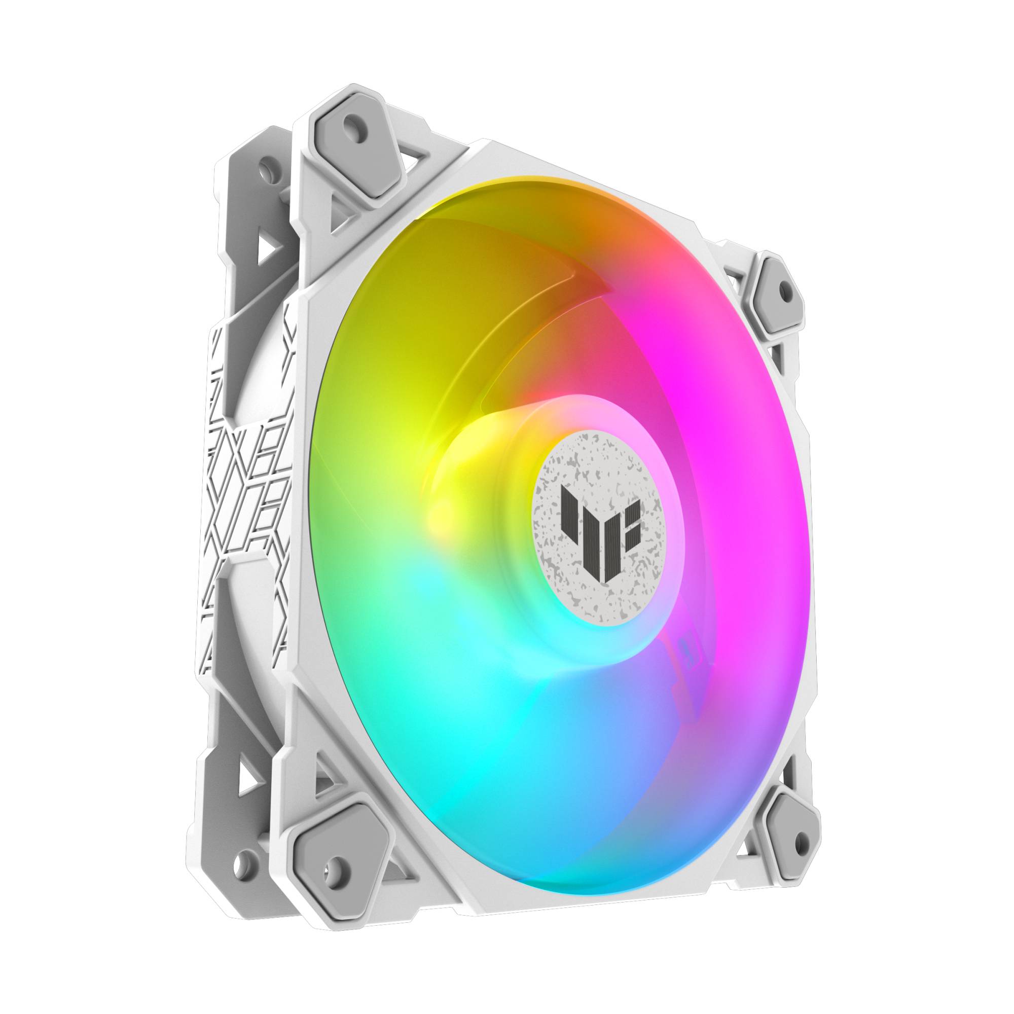 Ein weißer Computerlüfter mit beleuchteten RGB-LEDs in Regenbogenfarben. Das TUF-Logo ist in der Mitte sichtbar.