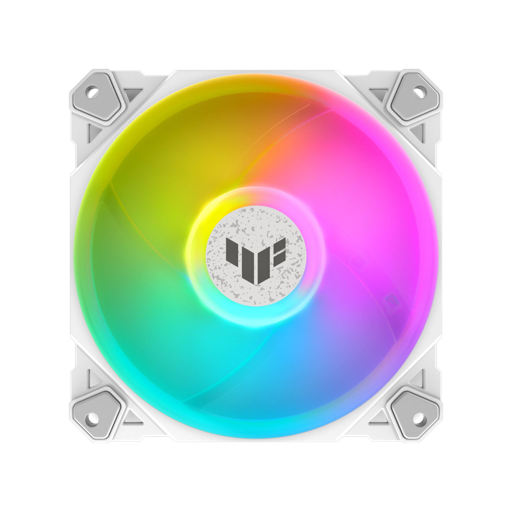 PC-Lüfter mit RGB-Beleuchtung in leuchtenden Farben, zentralem Logo und weißem Rahmen. Geeignet für Computer-Gehäuse.