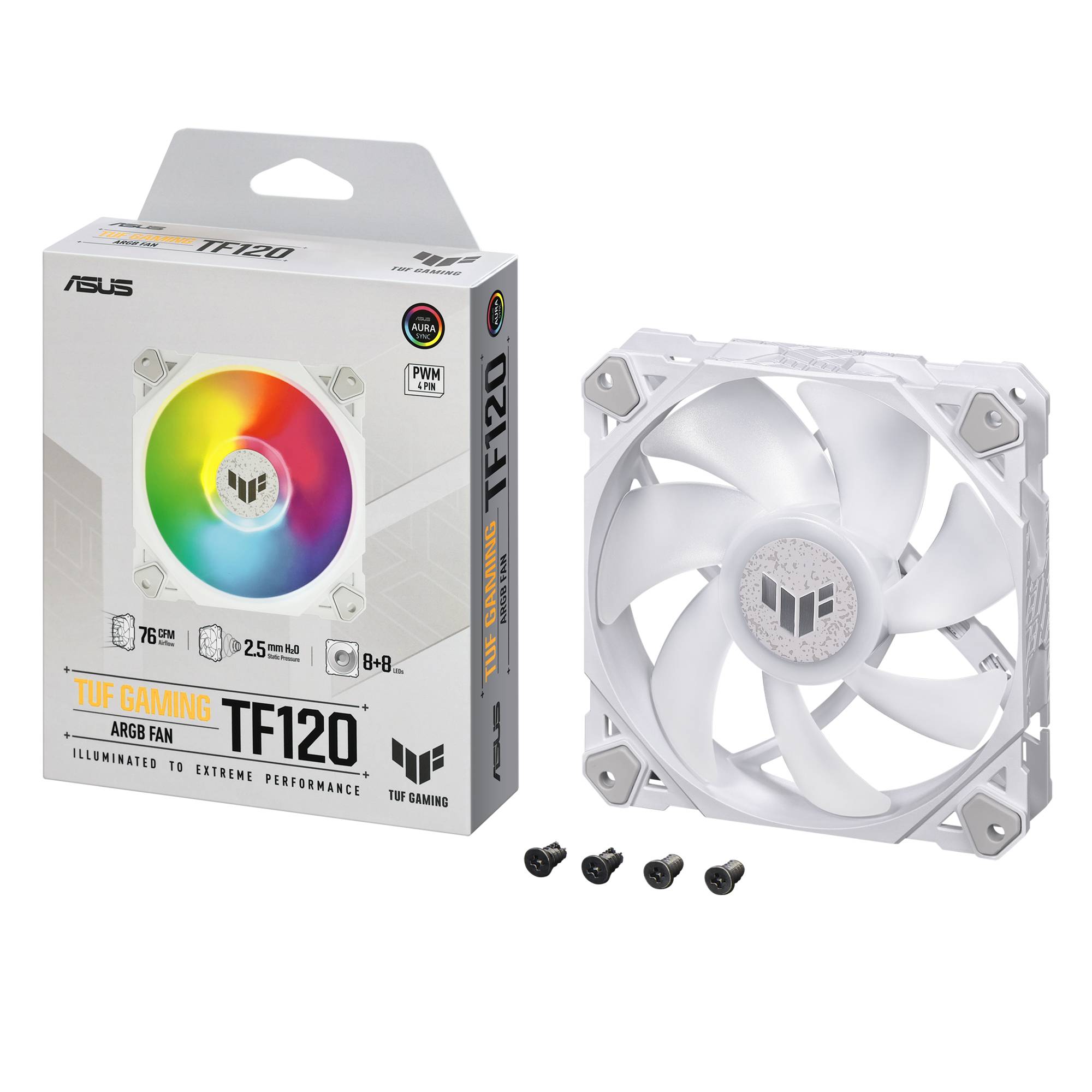 Ein weißer Asus TUF Gaming TF120 ARGB-Lüfter neben seiner Verpackung. Der Lüfter hat RGB-Beleuchtung und wird mit vier Schrauben geliefert.