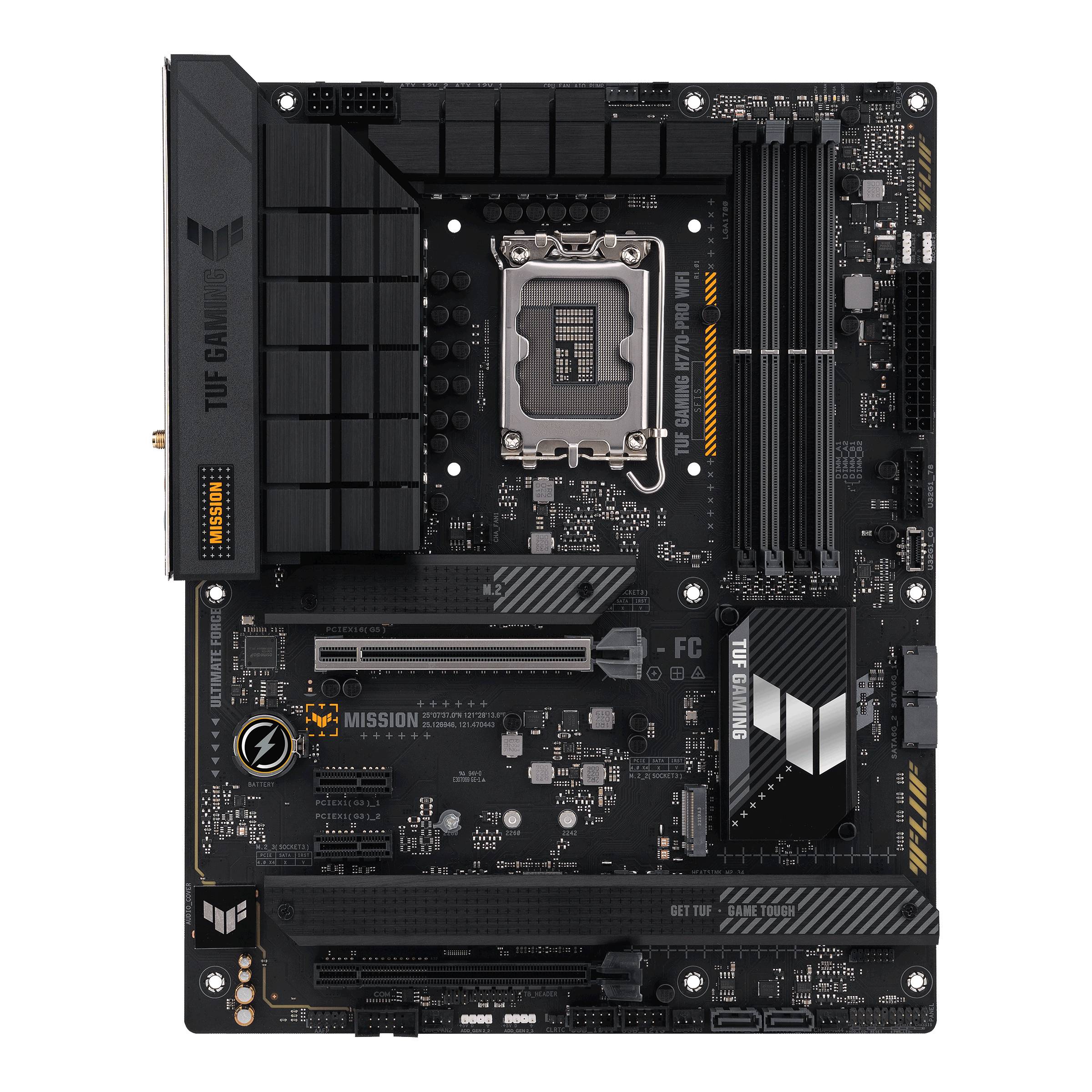 Mainboard von ASUS: TUF Gaming mit Sockel, RAM-Steckplätzen, PCIe-Slots und Kühlkomponenten. Geeignet für Gaming-PCs.