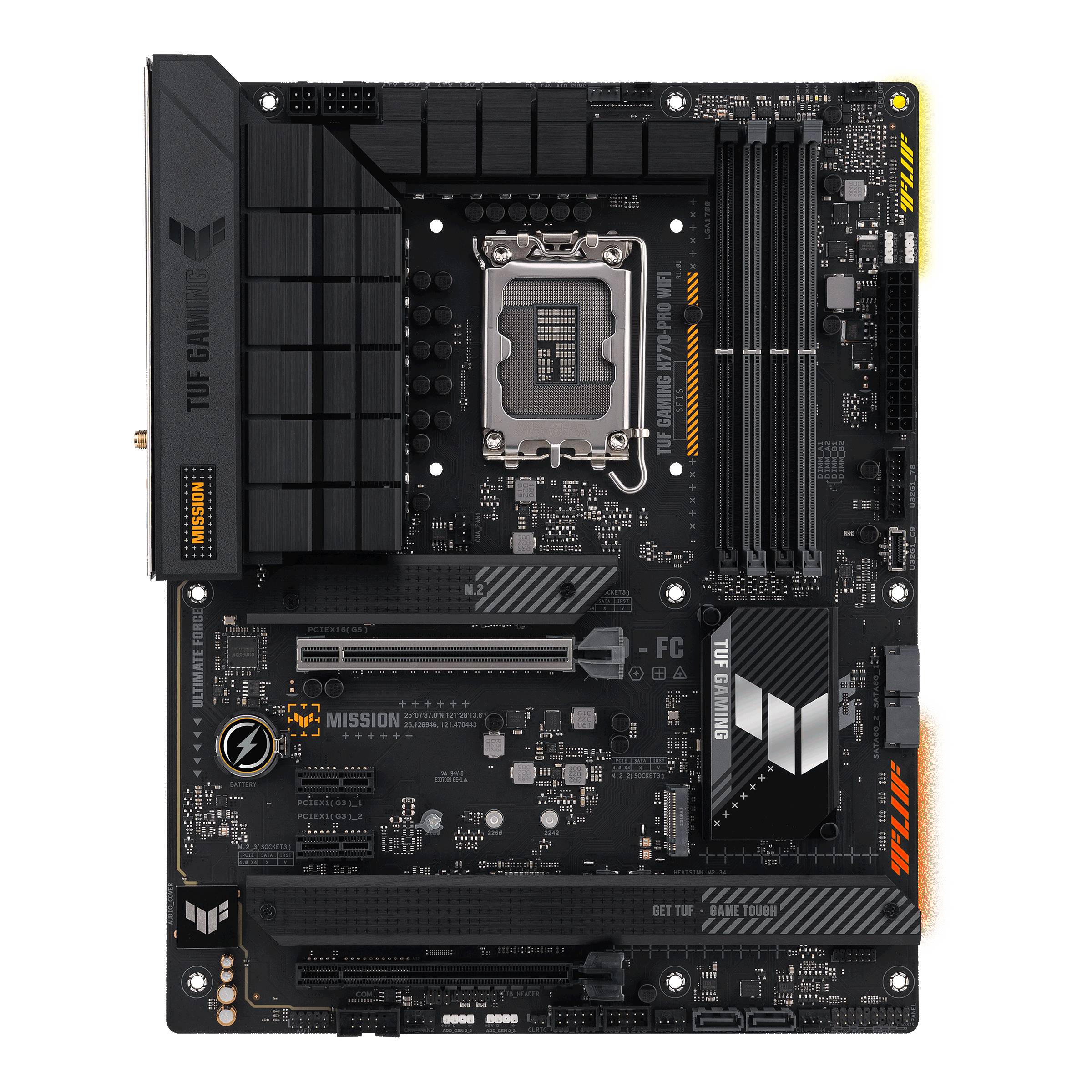 Ein schwarzes PC-Mainboard mit mehreren Steckplätzen und Komponenten. Es ist ein Modell für Gaming-Computer mit robustem Design.