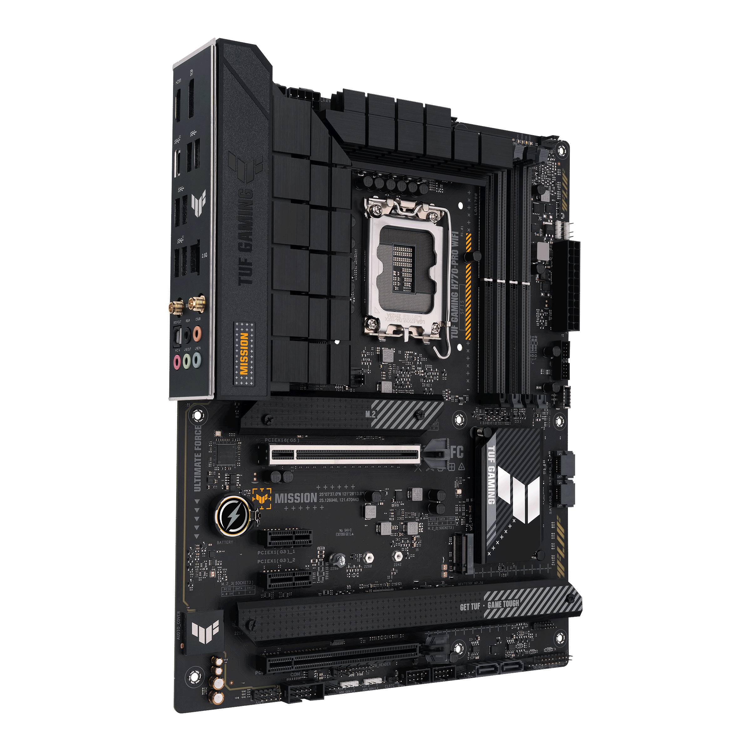 Ein schwarzes Mainboard mit Beschriftungen, PCIe-Steckplätzen und RAM-Steckplätzen. Beschriftung 'TUF GAMING'. Essenziell für Computersysteme.