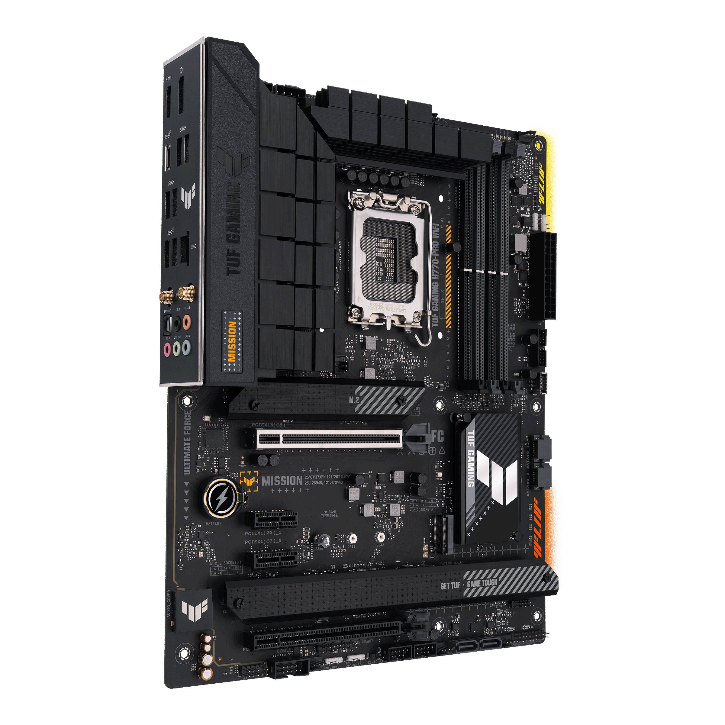 Ein schwarzes Computer-Mainboard mit mehreren Steckplätzen und Anschlüssen, markiert mit 'TUF Gaming' und gelben Akzenten.