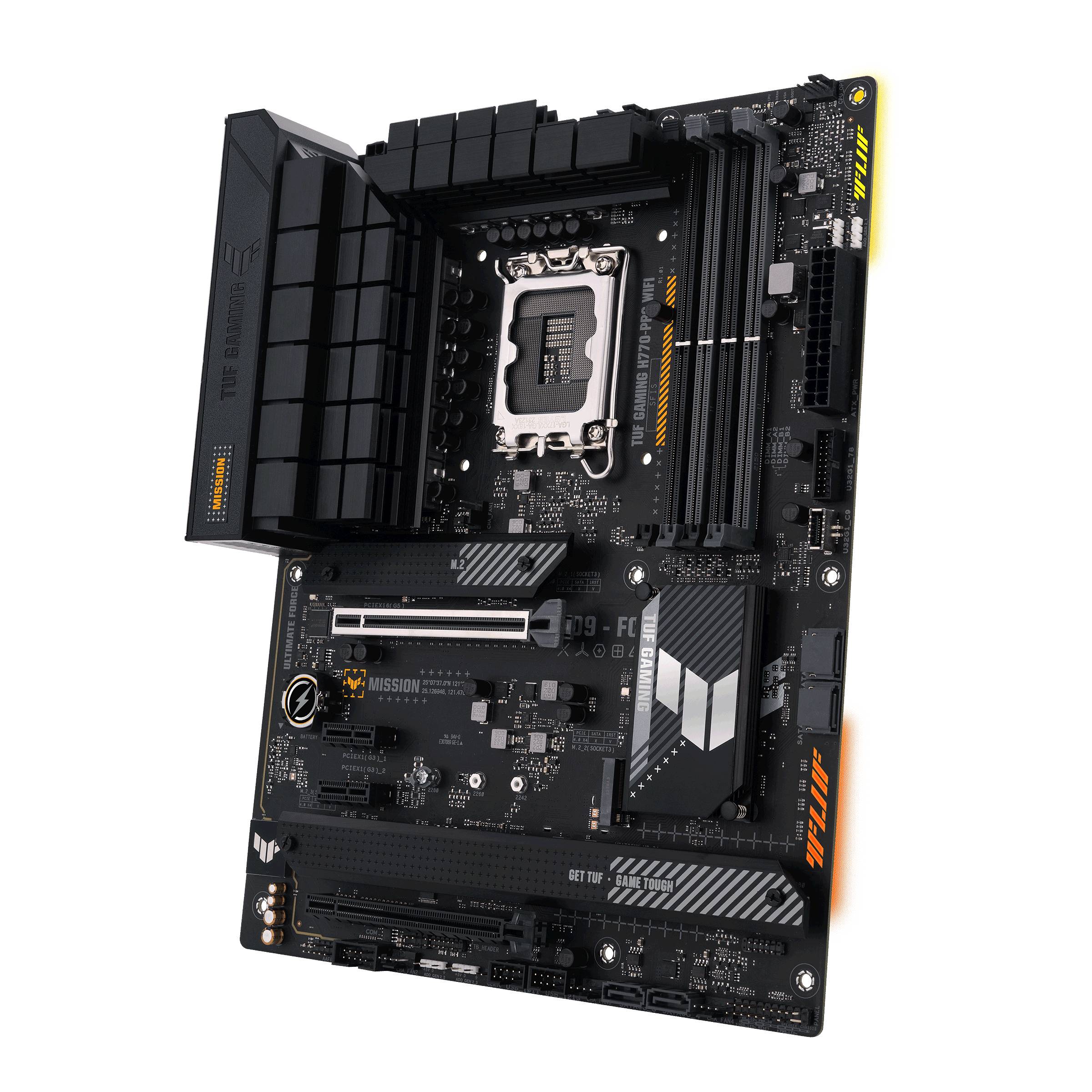 Bild einer modernen Computer-Motherboard mit mehreren PCIe-Steckplätzen, RAM-Sockeln, und Anschlussstellen für Prozessoren und andere Komponenten.
