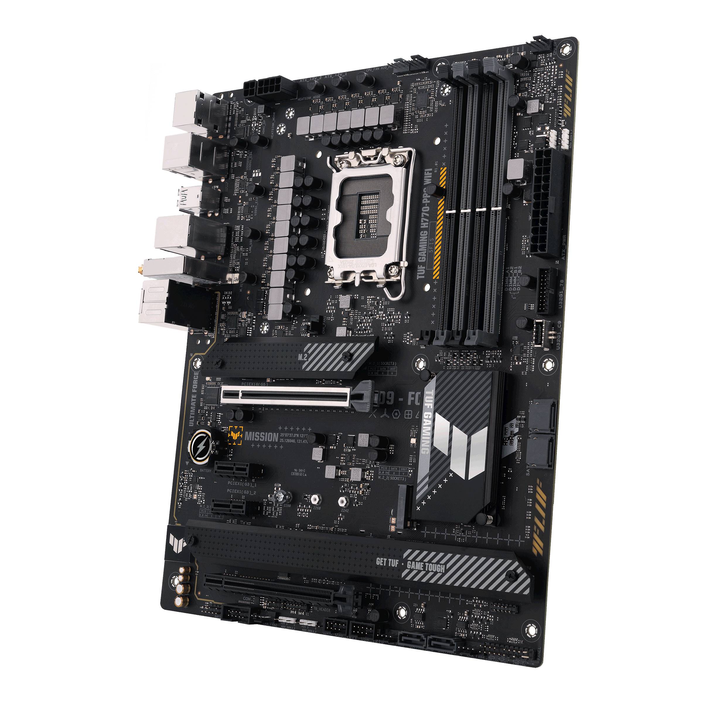 Ein Computer-Motherboard mit mehreren RAM-Steckplätzen, einem CPU-Sockel, diversen Anschlüssen und Slots für Erweiterungskarten.