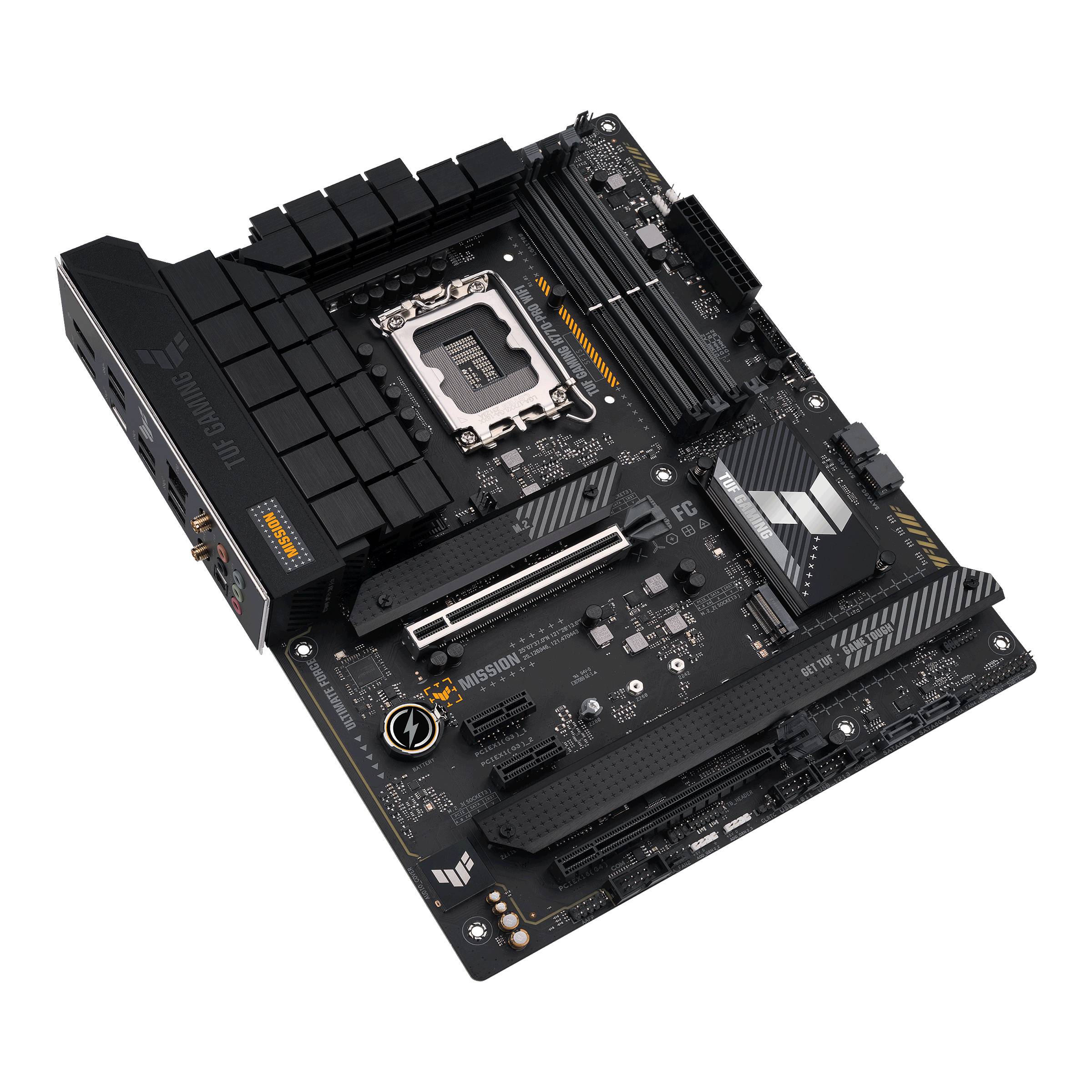 Ein schwarzes Computer-Motherboard mit mehreren Steckplätzen und Anschlüssen für Prozessor, RAM und andere Komponenten.
