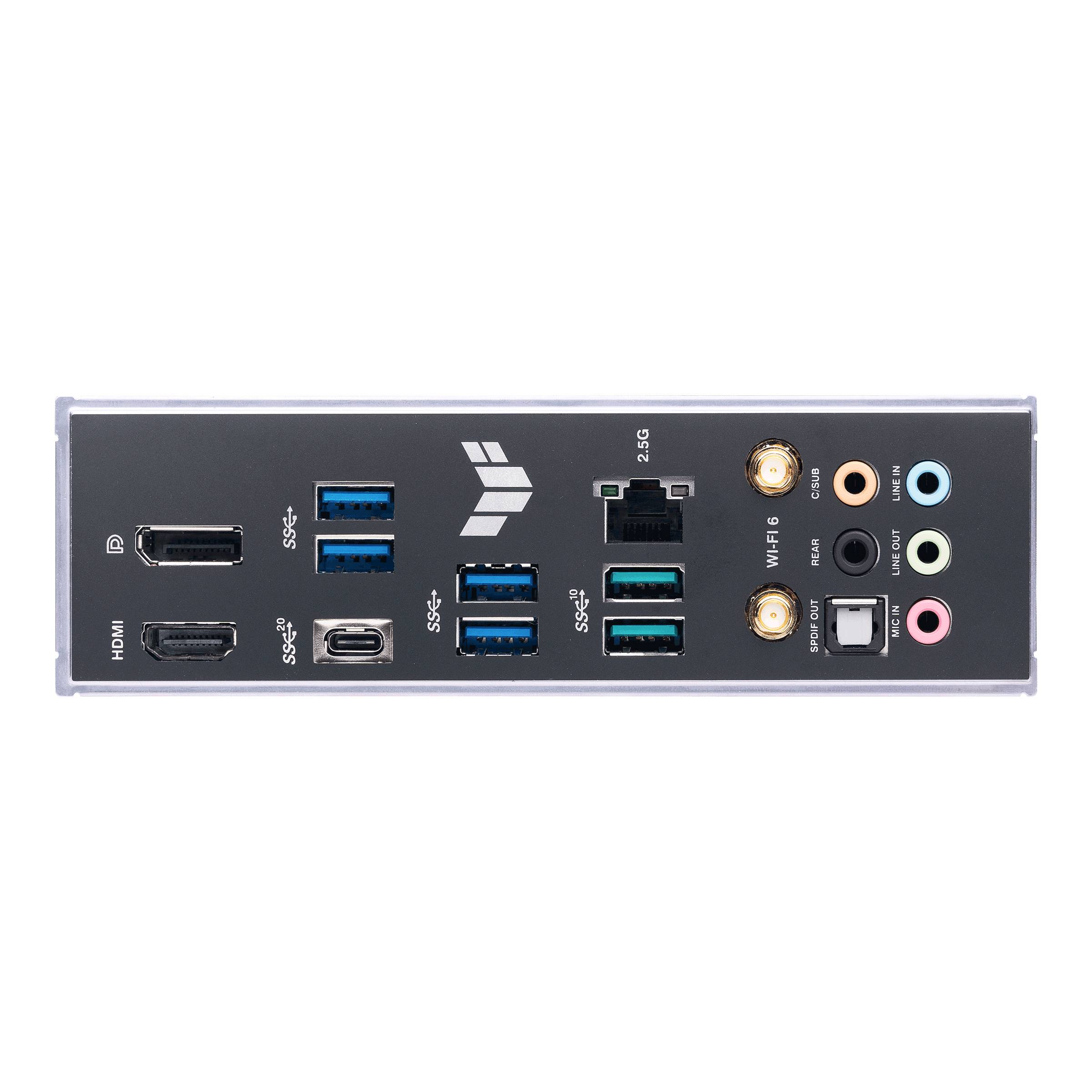 Diagramm der Rückseite eines Computer-Motherboards mit HDMI-, USB-, Ethernet- und Audioanschlüssen.