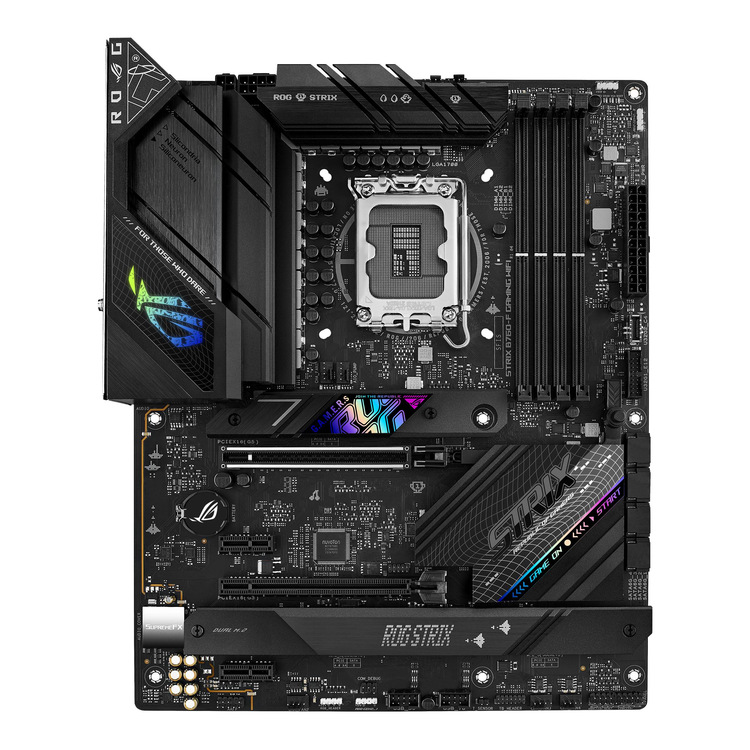 Mainboard mit Intel-Sockel, mehreren RAM-Steckplätzen, PCIe-Slots und RGB-Beleuchtung. Geeignet für Gaming-PCs.