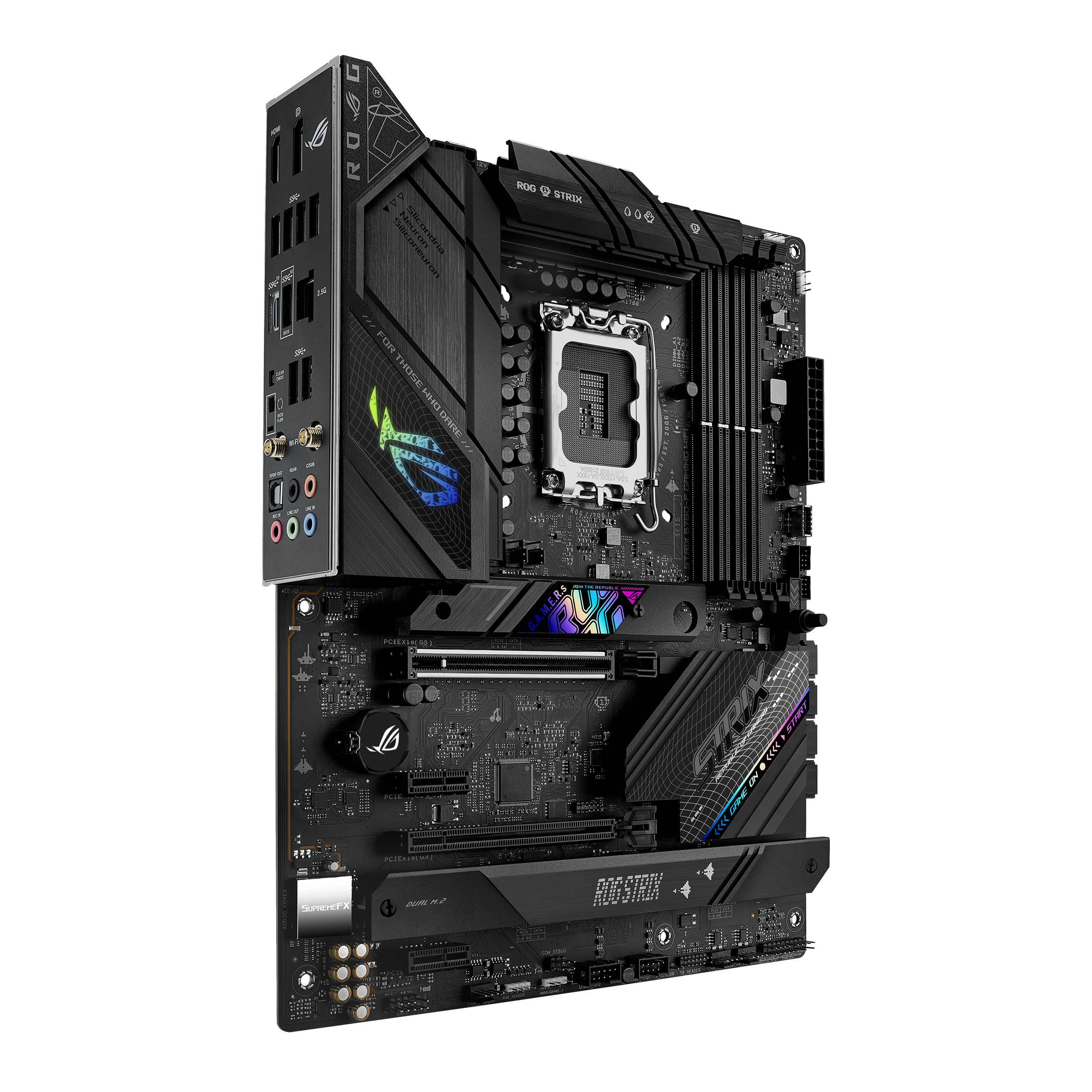 Hauptplatine mit mehreren Anschlüssen und RGB-Beleuchtung. Sie unterstützt leistungsstarke PC-Komponenten für Gaming und Multimedia.