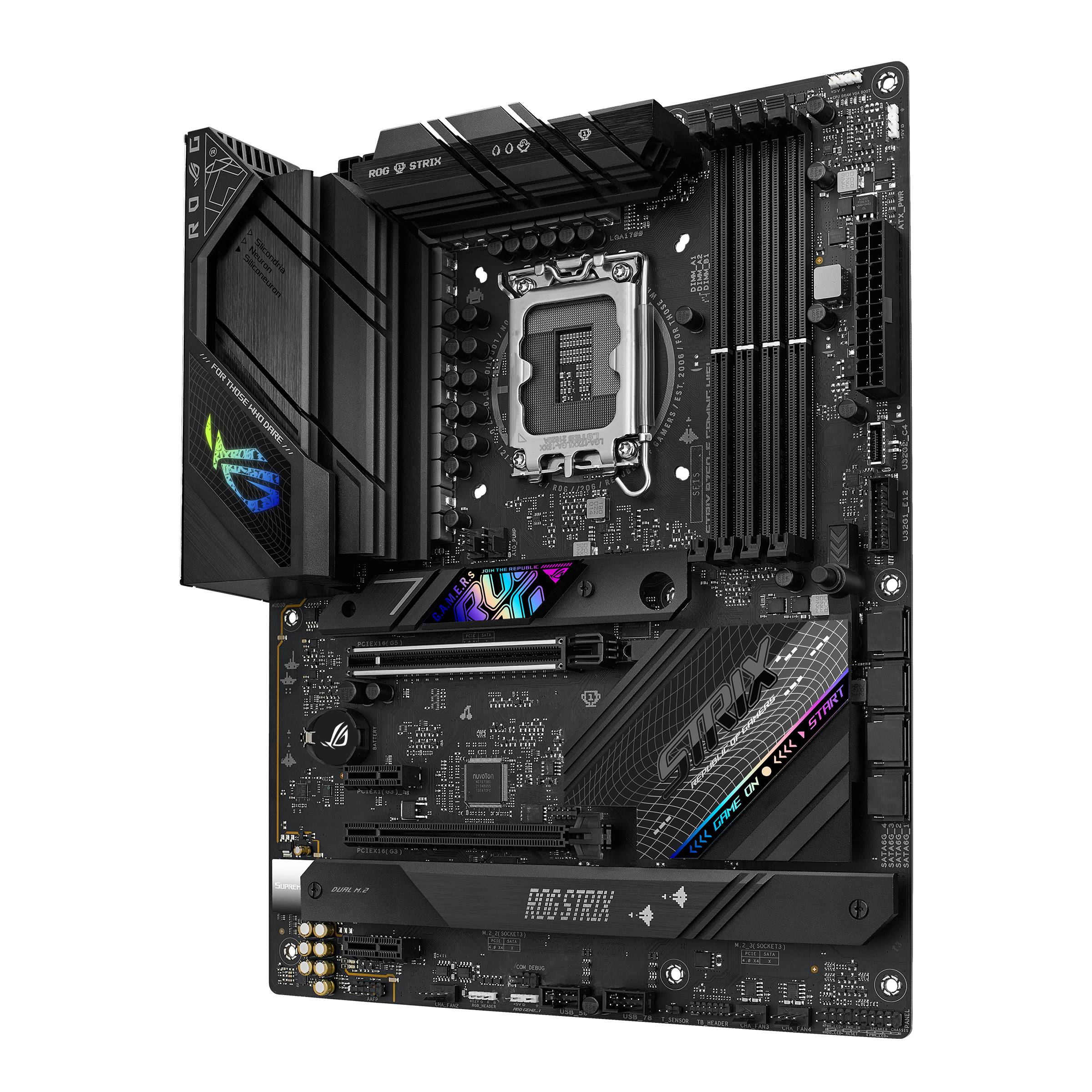 Ein Gaming-Motherboard mit mehreren RAM-Steckplätzen, PCIe-Steckplätzen, und Anschlüssen. Verfügt über RGB-Beleuchtung und ein modernes Design.