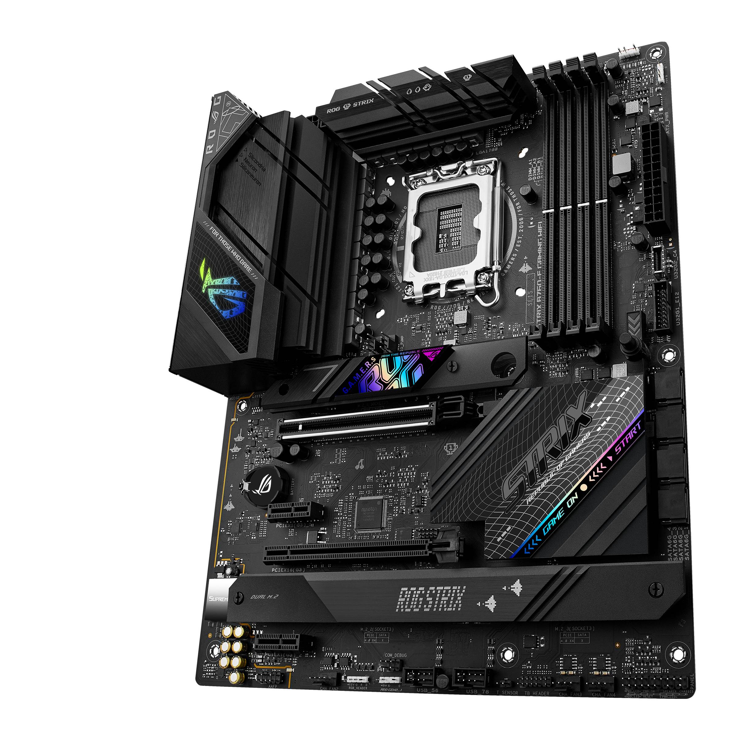 Eine Gaming-Mainboard mit 12-Pin-CPU-Sockel, vier RAM-Slots, mehreren PCIe-Steckplätzen und RGB-Beleuchtung, geeignet für leistungsstarke PCs.