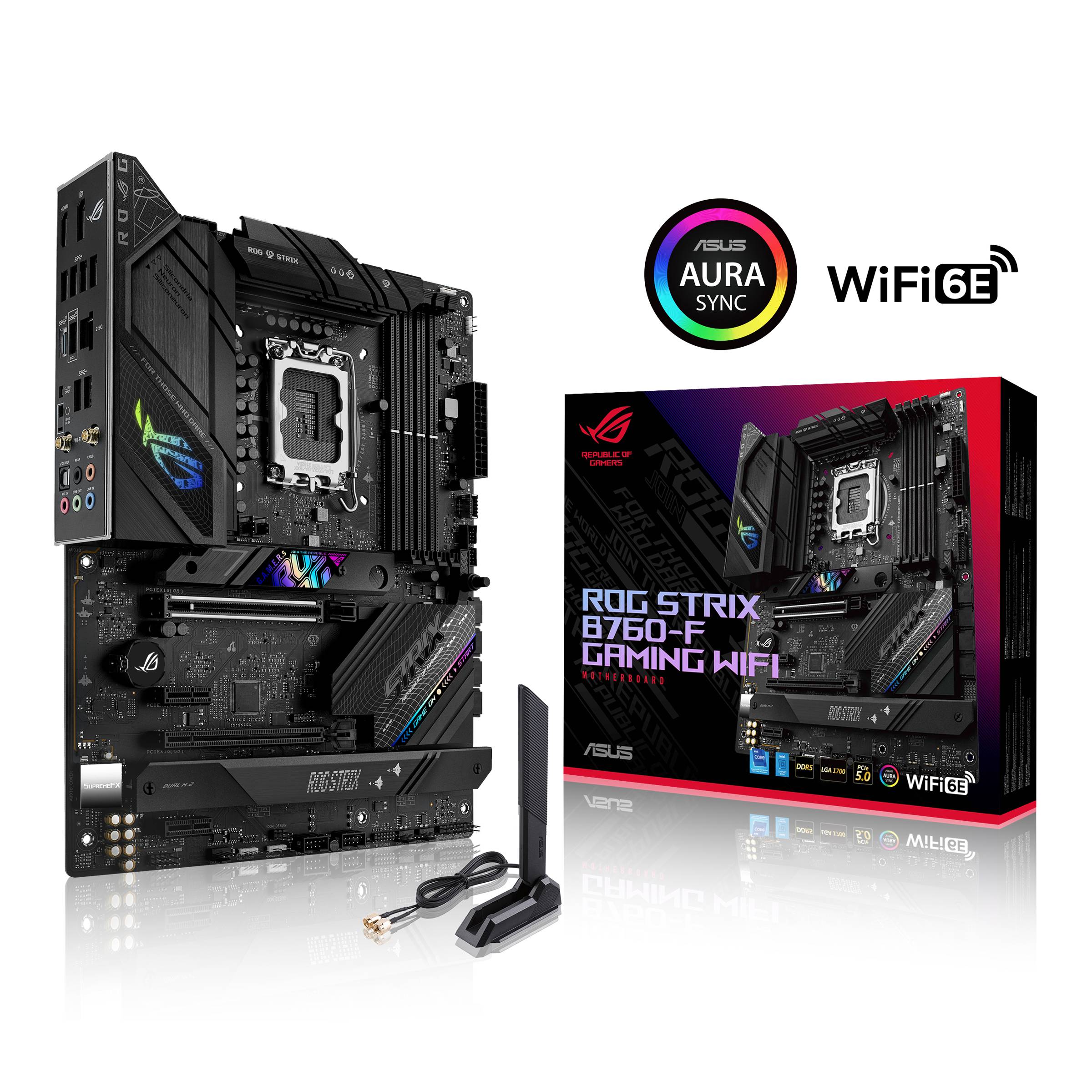Das Bild zeigt ein ASUS ROG STRIX B760-F GAMING WI-FI Mainboard mit Verpackung und Zubehör, darunter eine Antenne für Wi-Fi 6E.