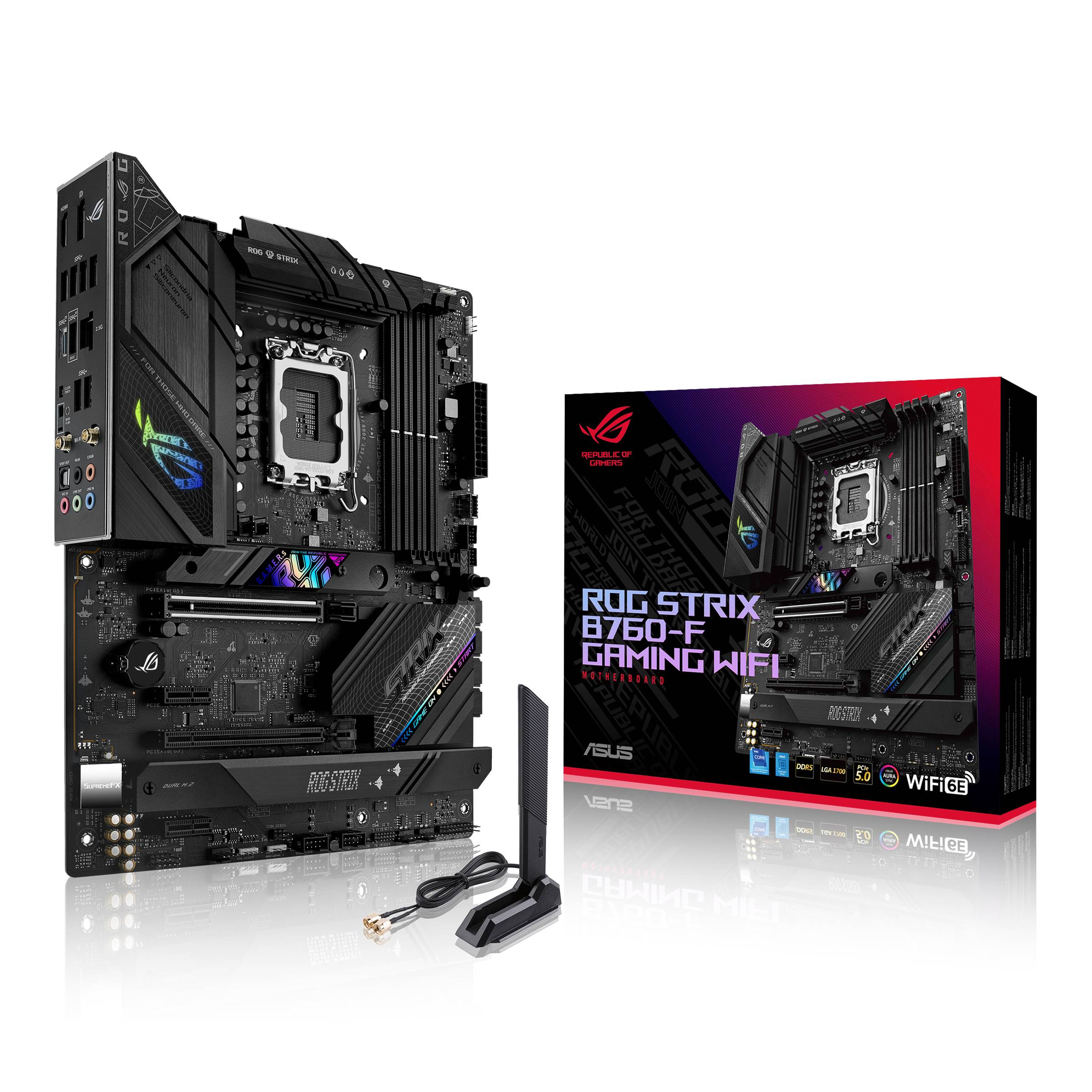 'ASUS ROG Strix B760-F Gaming WiFi' Mainboard mit Verpackung. Zeigt Anschlüsse, RGB-Beleuchtung und WiFi-Antenne.
