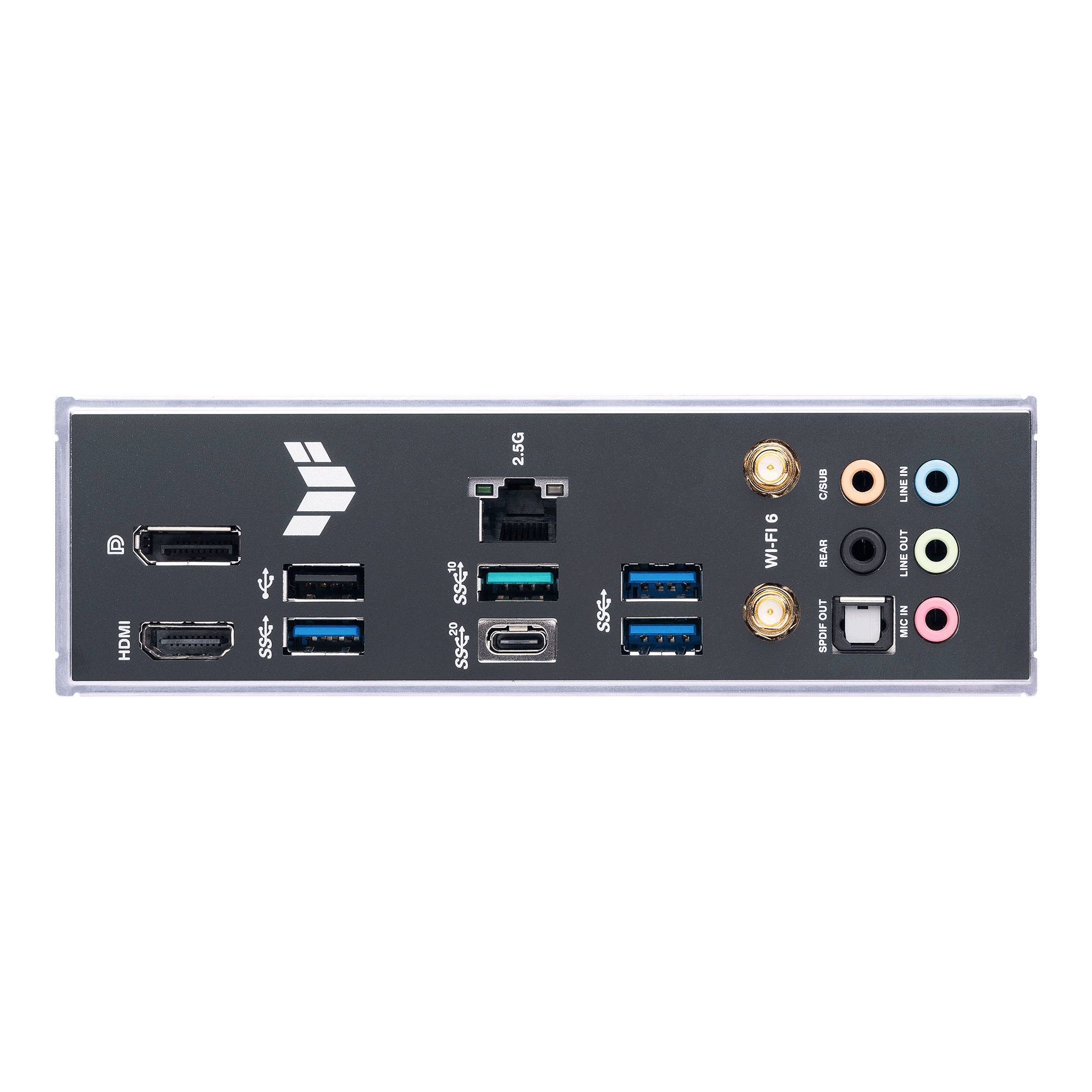 Rückseite eines Computer-Motherboards mit HDMI-, DisplayPort-, USB-, Ethernet-Anschlüssen und Audio-Buchsen sichtbar.