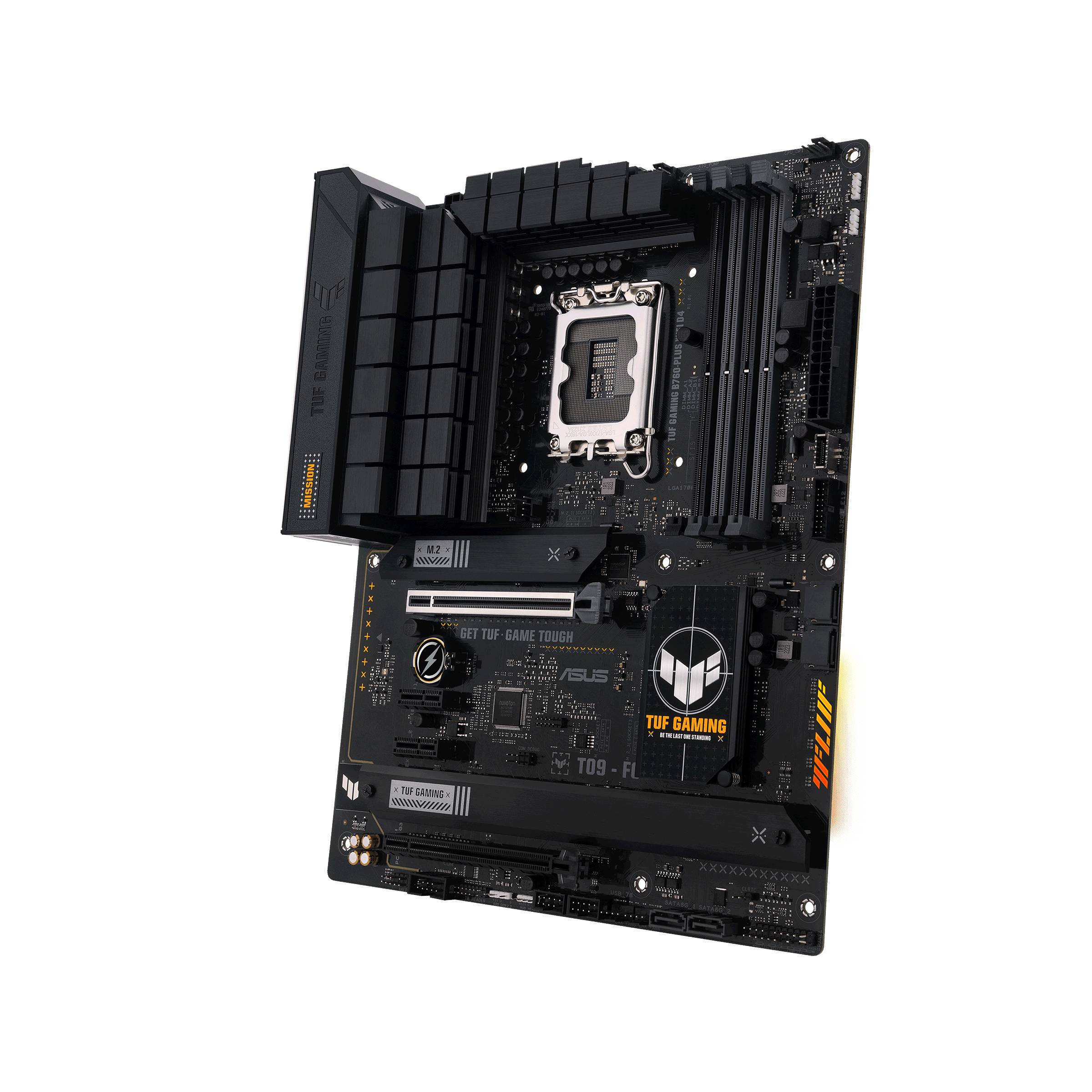 Foto eines ASUS TUF Gaming Mainboards in Schwarz, zeigt Anschlüsse und Schaltkreise, betont Robustheit und Gaming-Funktionalität.