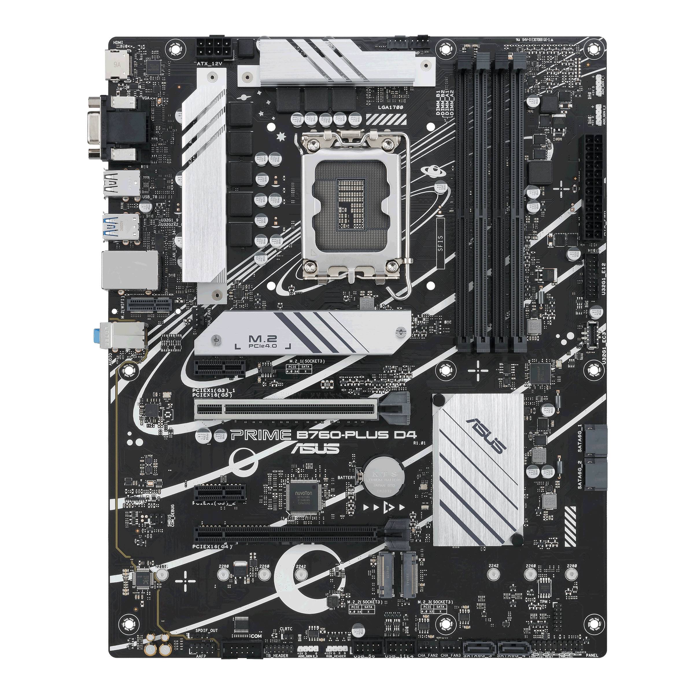 Abbildung eines Mainboards mit mehreren Anschlüssen und Steckplätzen für RAM, Prozessor und Erweiterungskarten. Modell: ASUS PRIME B760-PLUS D4.