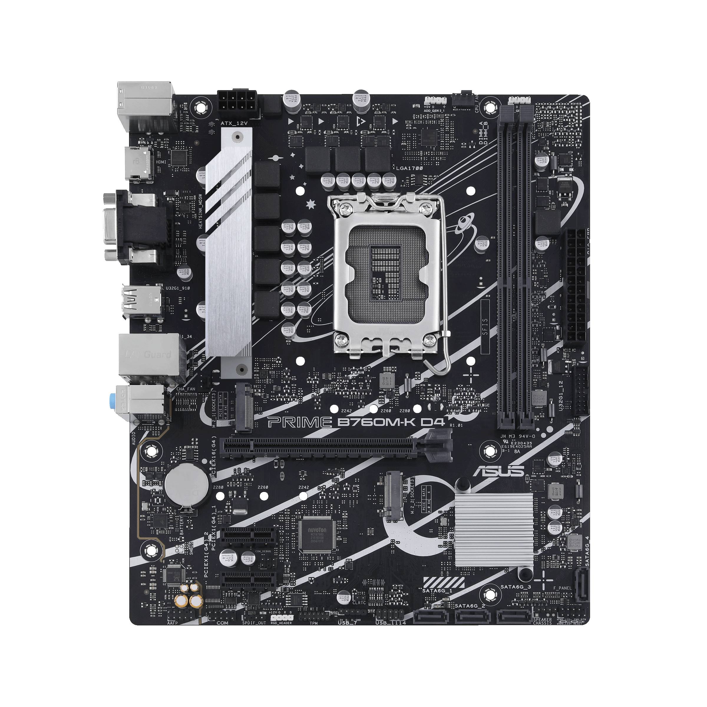 Schwarzes Motherboard mit silbernen Akzenten, verschiedenen Anschlüssen und Steckplätzen. Modell 'PRIME B760M-K D4' ist sichtbar.