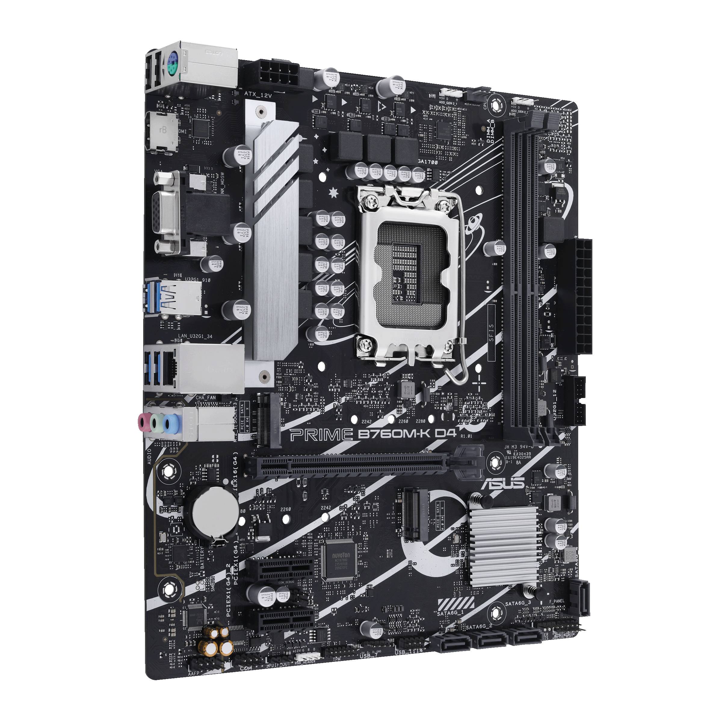 Schwarzes Computer-Mainboard mit silbernen und weißen Akzenten, verschiedenen Anschlüssen und Beschriftung 'PRIME B760M-K D4'.
