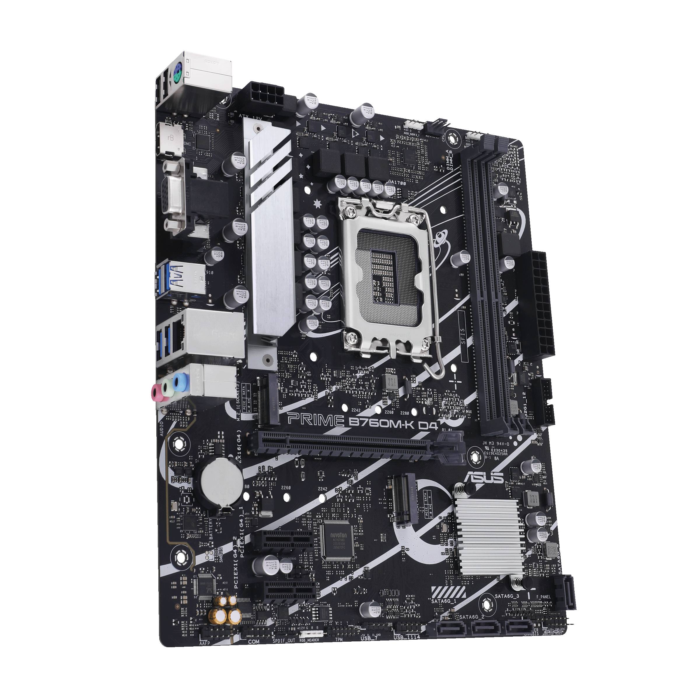 Eine ASUS PRIME B760M-K D4 Hauptplatine, mit verschiedenen Anschlüssen und Komponenten, geeignet für Computeraufbau und -verbesserung.