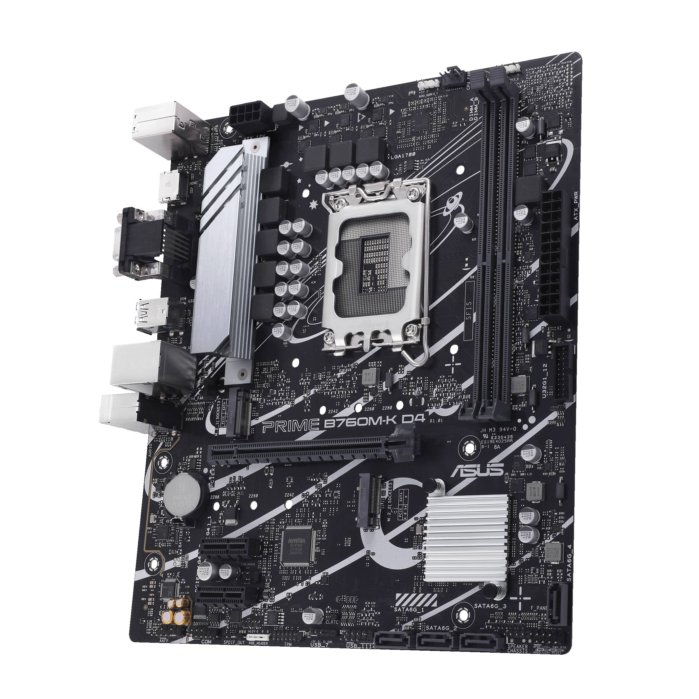 Ein schwarzes PC-Mainboard mit mehreren Steckplätzen für RAM und einen CPU-Sockel in der Mitte. Anschlüsse sind an der Seite platziert.