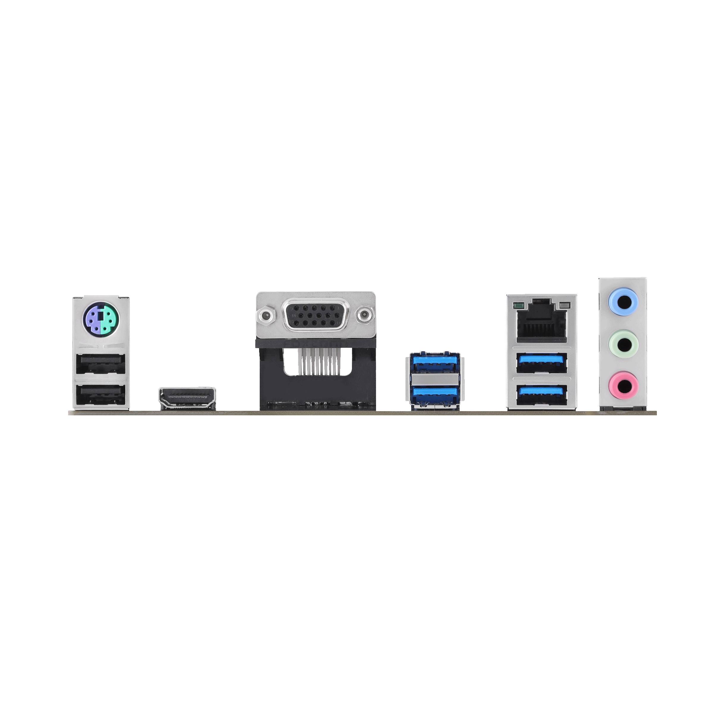 Rückseite eines Computer-Motherboards mit verschiedenen Anschlüssen: PS/2, HDMI, VGA, USB 3.0, Ethernet und Audioanschlüsse.