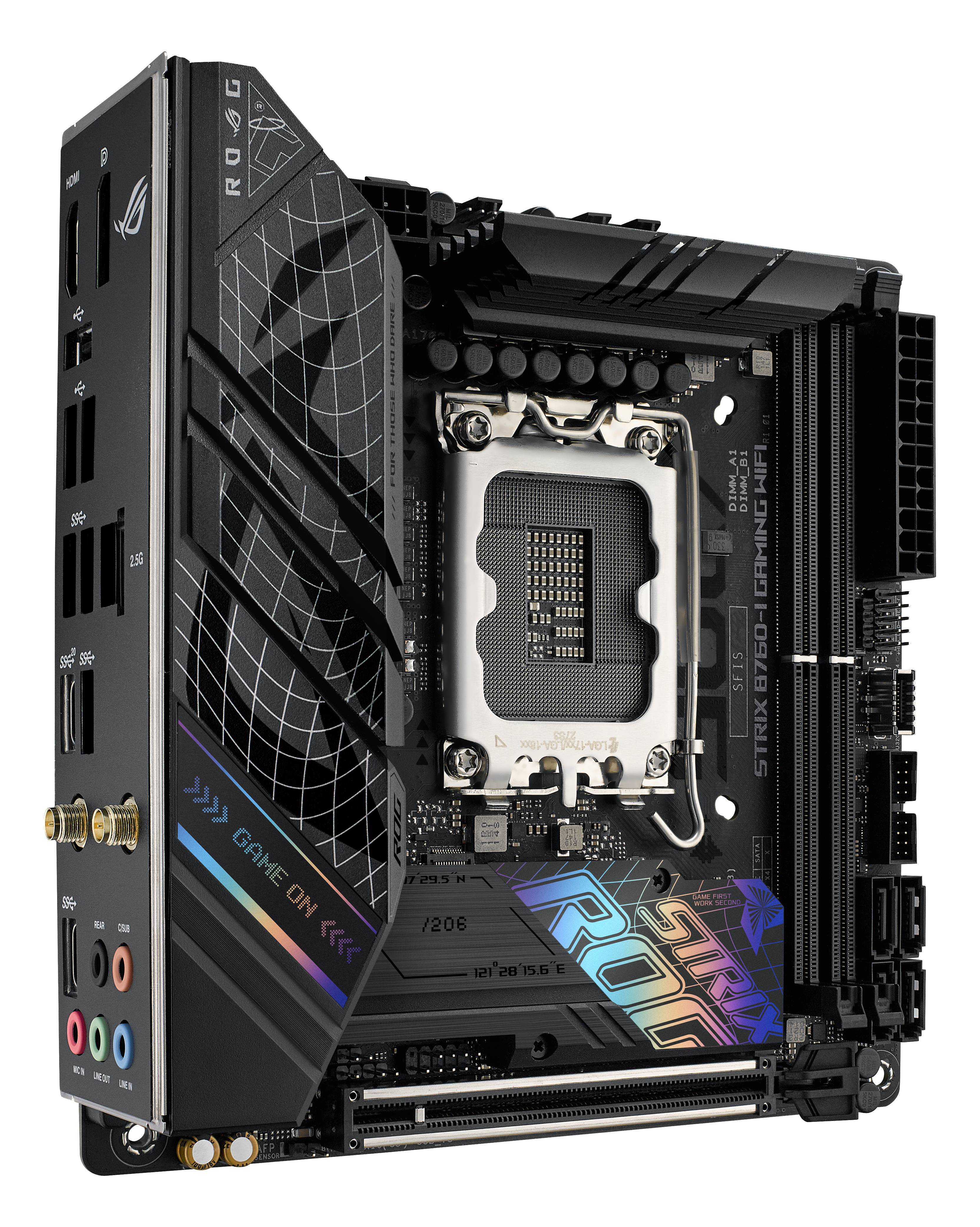 'ASUS ROG STRIX B760-I Gaming WiFi' Mainboard, zeigt CPU-Sockel, RAM-Steckplätze und Anschlüsse, geeignet für Gaming-PCs.