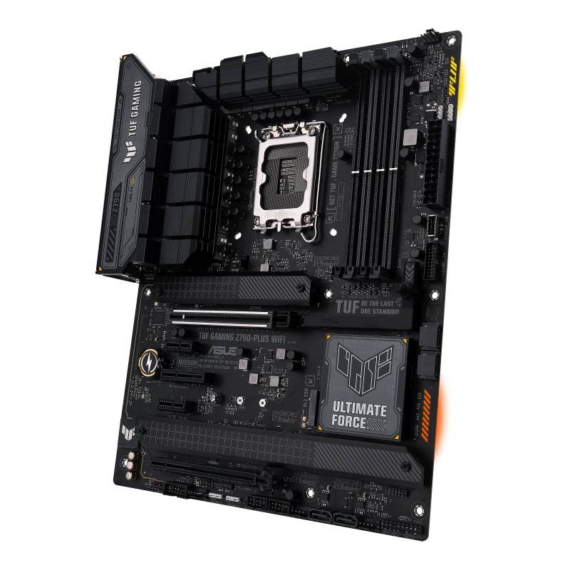 Schwarzes ASUS TUF GAMING Z690-PLUS WIFI Mainboard, Intel LGA 1700 Sockel, vier RAM-Steckplätze, erweiterte Kühlkörper für Gaming-Performance.