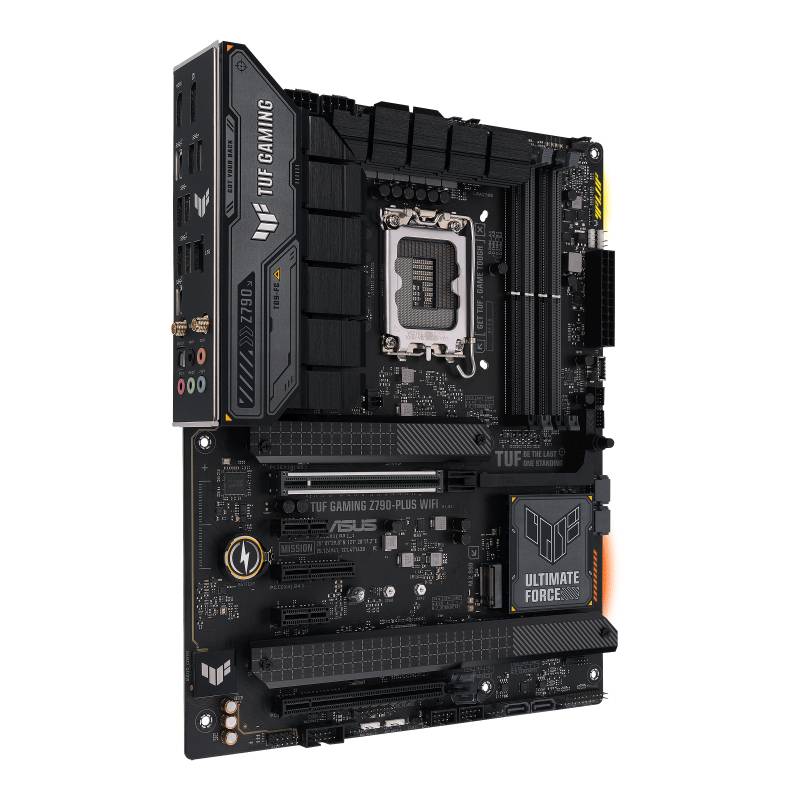 Eine schwarze ASUS TUF Gaming Z790-Plus WiFi-Mainboard. Zeigt Anschlüsse und Steckplätze, geeignet für leistungsstarke Gaming-PCs.