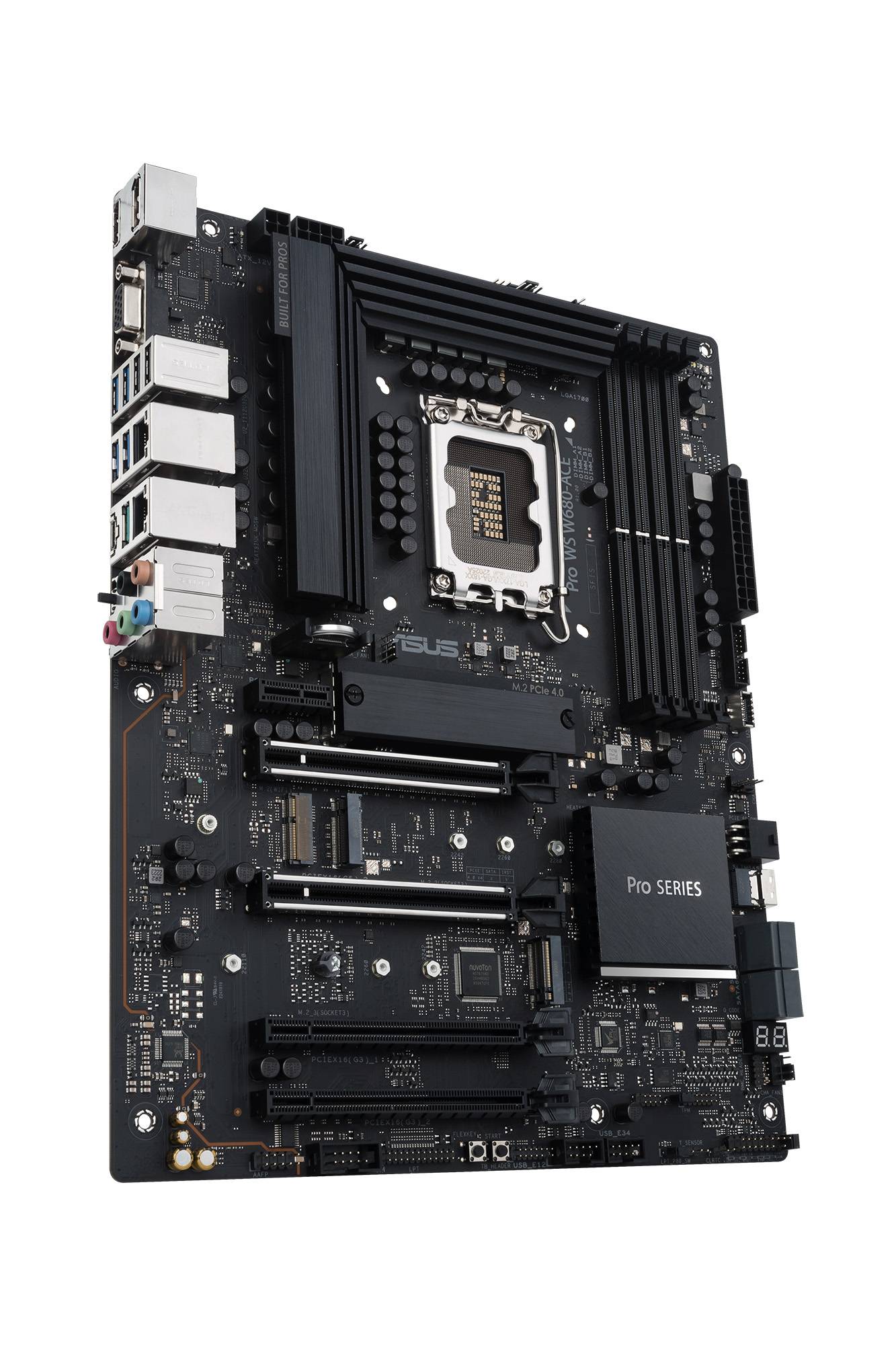 Abgebildet ist eine Computer-Motherboard-Platine mit mehreren Steckplätzen und Anschlüssen, die verschiedene Komponenten verbinden kann.