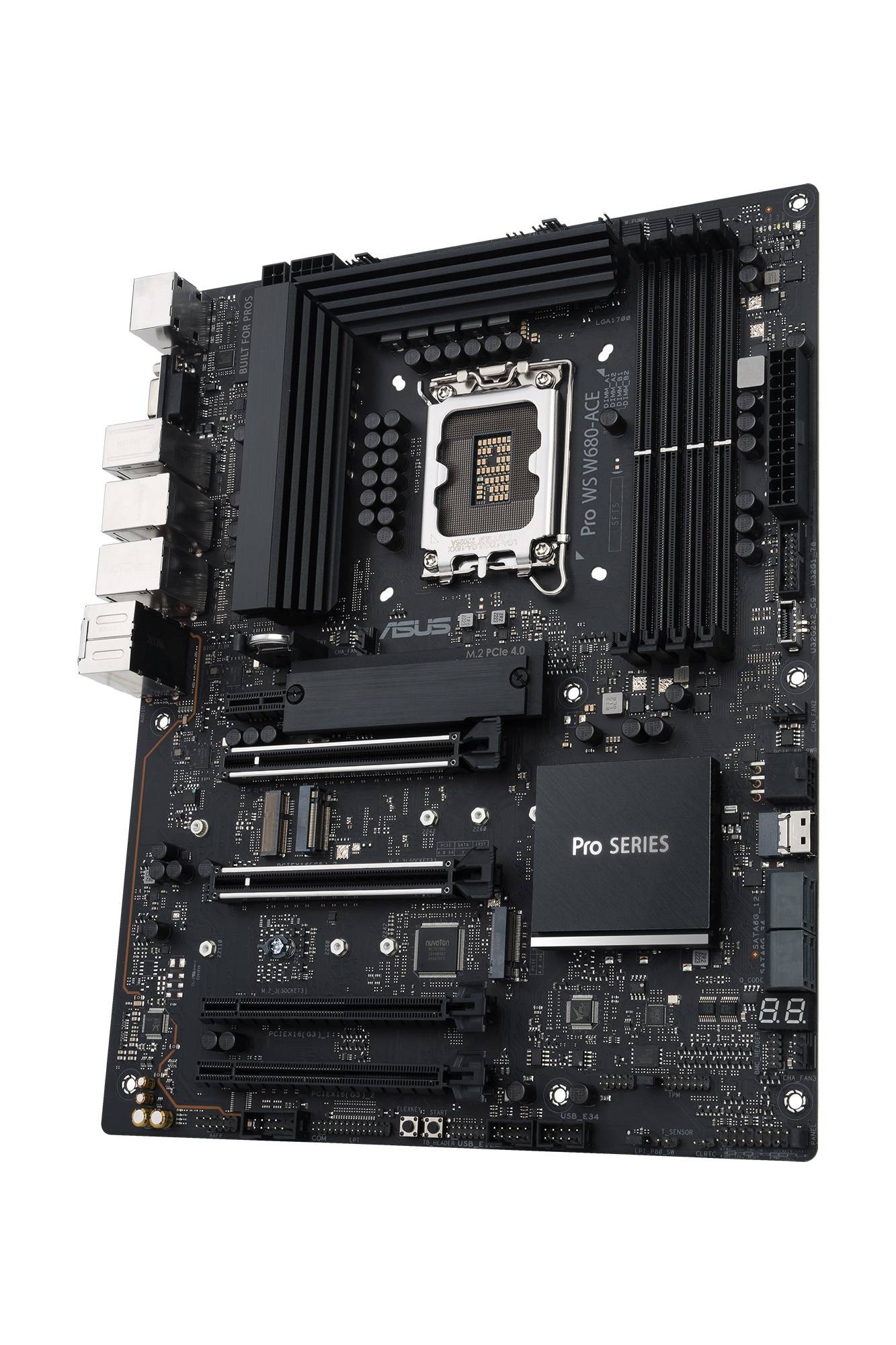 Eine schwarze Hauptplatine mit mehreren Steckplätzen für RAM-Module, einem CPU-Sockel in der Mitte und verschiedenen Anschlüssen.