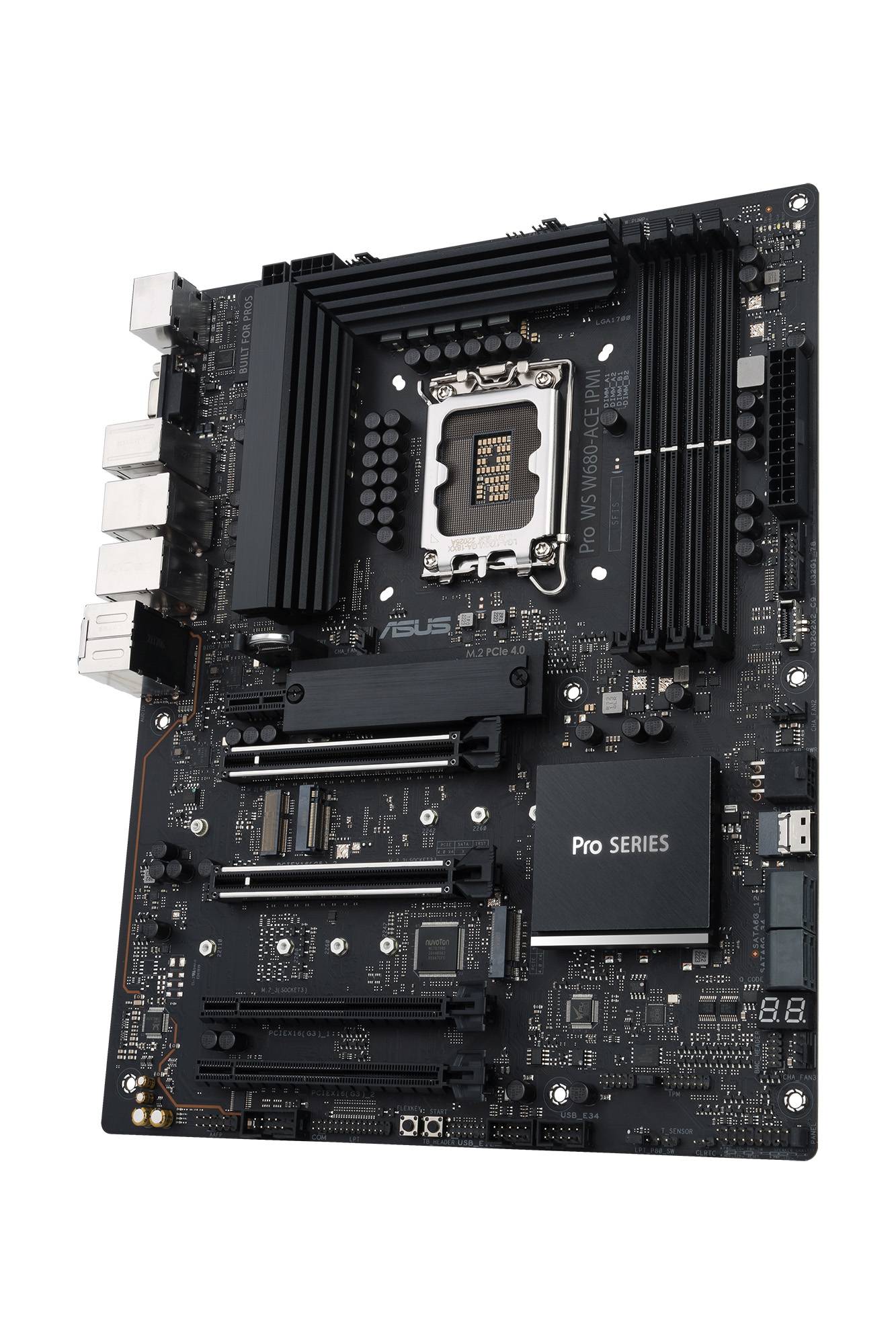 Hauptplatine (Motherboard) für PCs, zeigt verschiedene Anschlüsse, Prozessorsockel und Speicherslots, geeignet für professionelle Nutzung.