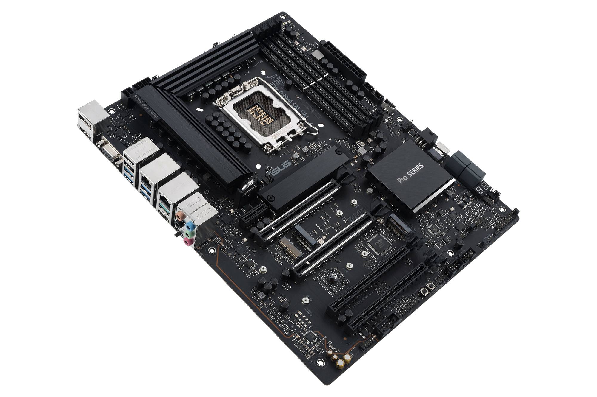 Ein schwarzes Computer-Motherboard mit mehreren Steckplätzen, Anschlüssen und einem großen zentralen CPU-Sockel.